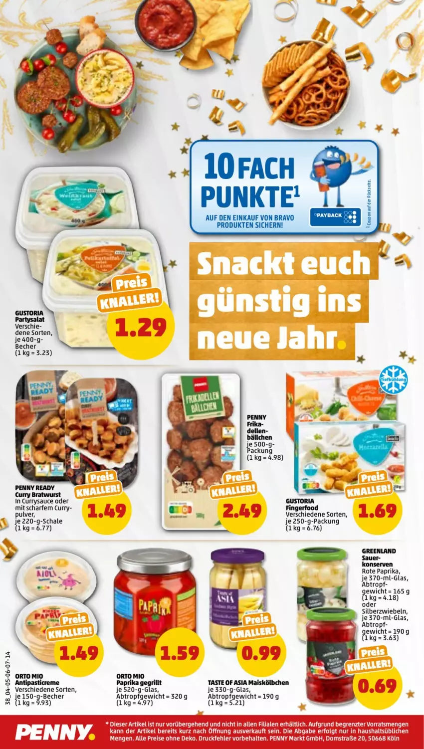 Aktueller Prospekt Penny - Prospekte - von 25.12 bis 30.12.2022 - strona 38 - produkty: auer, Becher, bratwurst, Bravo, curry, dell, eis, elle, grill, je 250-g-packung, Konserven, mais, paprika, reis, Ria, salat, sauce, Schal, Schale, Silberzwiebel, Ti, wurst, zwiebel, zwiebeln