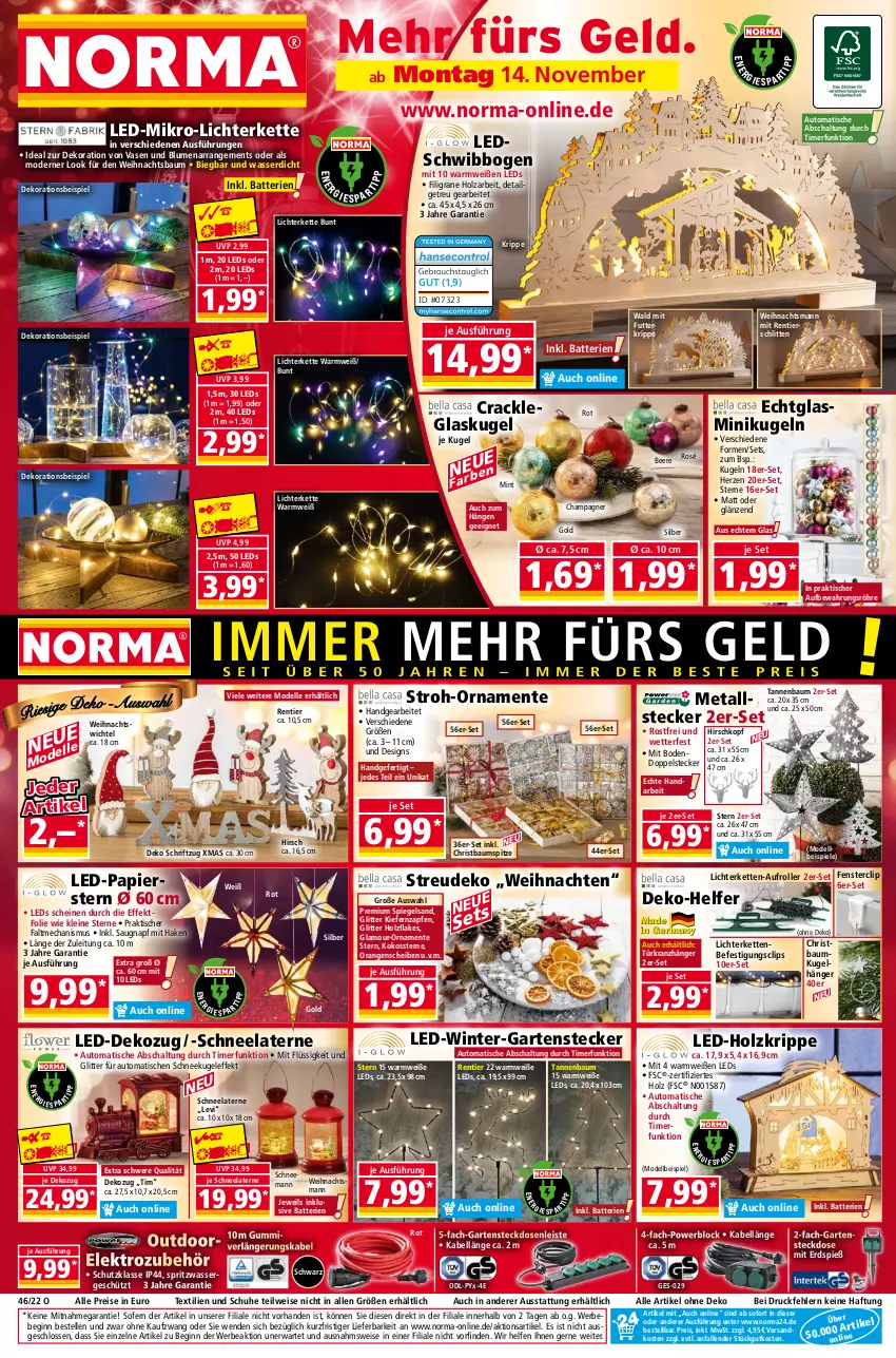 Aktueller Prospekt Norma - Norma - von 14.11 bis 21.11.2022 - strona 1 - produkty: auto, batterie, batterien, Bau, Baumkugel, Baumspitze, Bebe, beere, blume, blumen, champagne, champagner, dekoration, dell, eis, Elektro, elle, ente, fenster, flakes, Garten, gin, Glaskugel, Holz, Kette, kokos, Kranz, Kugel, laterne, leds, leine, LG, lichterkette, mint, Mode, ndk, orange, orangen, papier, reis, rel, Roller, Schal, Schlitten, Schneekugel, Schriftzug, schuhe, spiegel, Spiele, steckdose, Steckdosenleiste, Tannenbaum, Ti, timer, tisch, Türkranz, Vase, wasser, weihnachten, Weihnachtsbaum, Wichtel, xmas