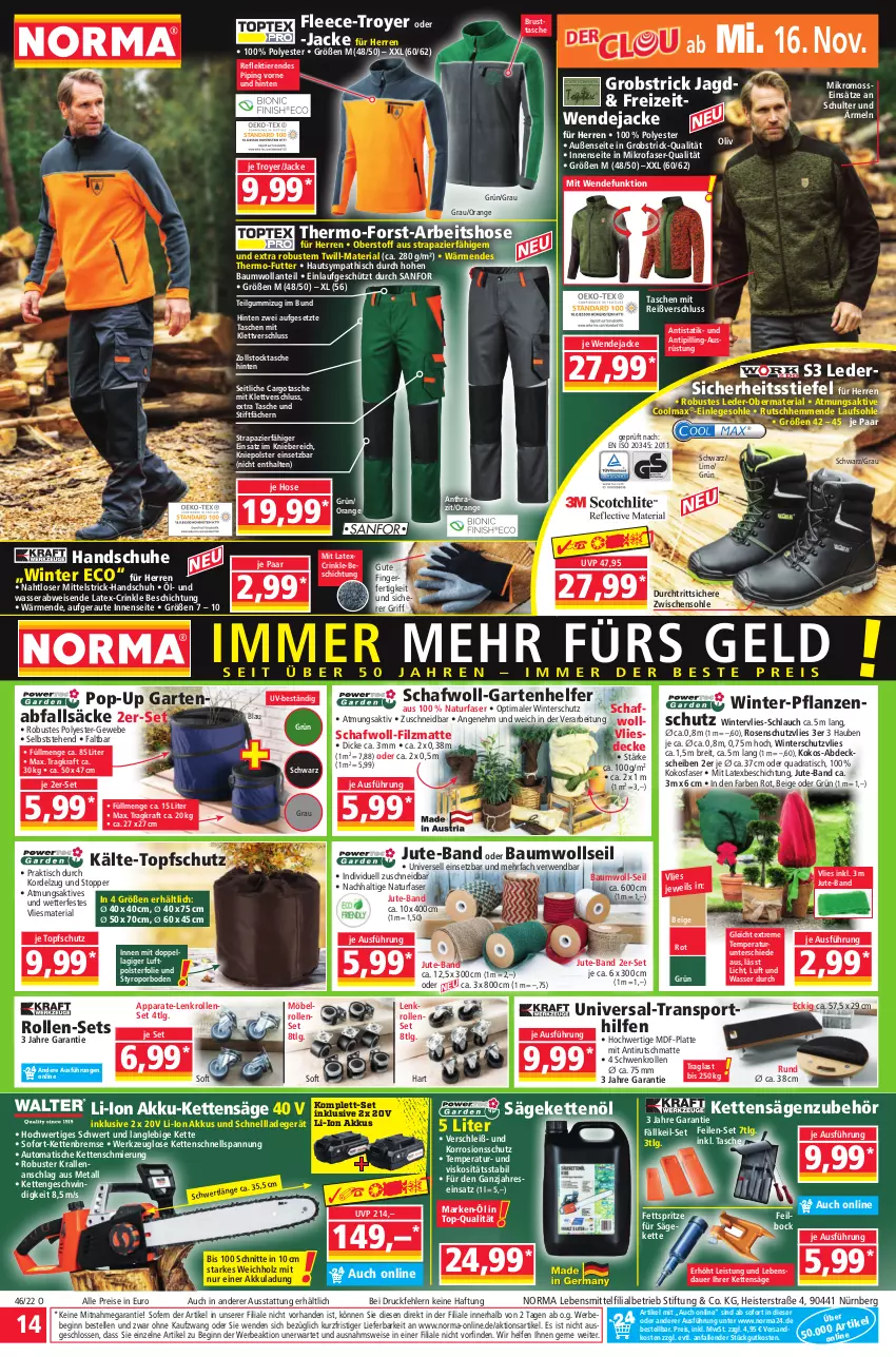 Aktueller Prospekt Norma - Norma - von 14.11 bis 21.11.2022 - strona 14 - produkty: akku, auer, auto, Bau, Brei, decke, eis, elle, Garten, gin, handschuhe, Holz, hose, Jacke, Kette, kokos, kraft, ladegerät, latte, lebensmittel, LG, mikrofaser, möbel, natur, obst, orange, pflanze, pflanzen, quad, reis, Ria, rosen, rwe, säge, schlauch, schnellladegerät, schuhe, Sport, Tasche, taschen, Ti, Tiere, Tipi, tisch, topf, topper, usb, wasser, werkzeug, Winterschutz, ZTE