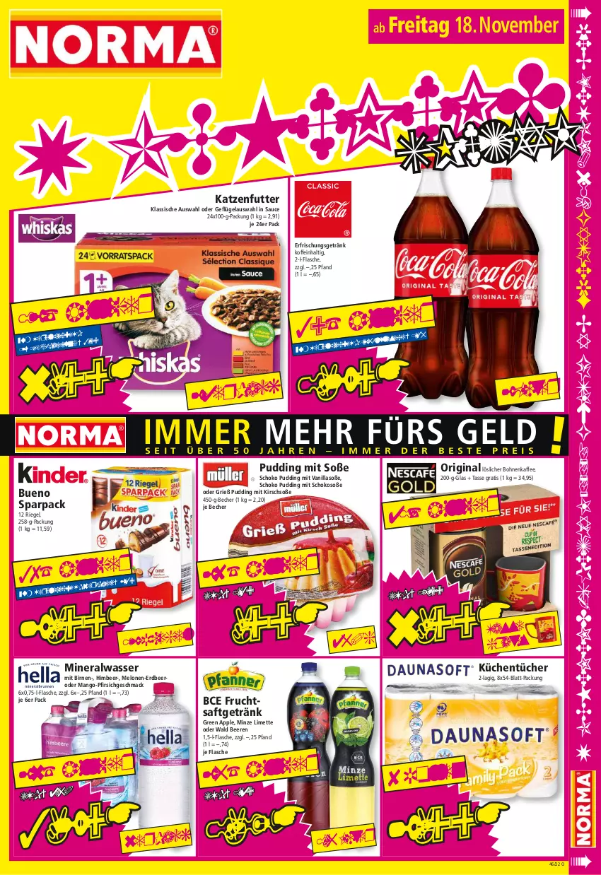 Aktueller Prospekt Norma - Norma - von 14.11 bis 21.11.2022 - strona 15 - produkty: Alwa, Apple, Becher, beere, beeren, Birnen, bohne, bohnen, bohnenkaffee, erfrischungsgetränk, flasche, frucht, fruchtsaft, fruchtsaftgetränk, Geflügel, getränk, gin, himbeer, kaffee, katzenfutter, kirsch, küche, Küchen, küchentücher, limette, löslicher bohnenkaffee, mac, mango, melone, melonen, Mett, mineralwasser, minze, pfirsich, pudding, riegel, saft, sauce, schoko, Soße, Spezi, tasse, Ti, tücher, wasser