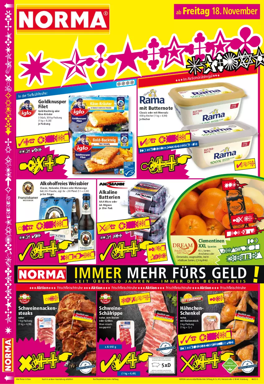 Aktueller Prospekt Norma - Norma - von 14.11 bis 21.11.2022 - strona 16 - produkty: alkohol, batterie, batterien, Becher, bier, Blutorange, braten, butter, clementinen, eis, filet, flasche, fleisch, grill, hähnchenschenkel, henkel, holunder, Käse, kräuter, lebensmittel, meersalz, Nackensteak, nackensteaks, natur, orange, regal, reis, salz, schenkel, schwein, schweine, schweinenacken, Spezi, steak, steaks, Ti, tiefpreis, wein, weine, weissbier, zitrone