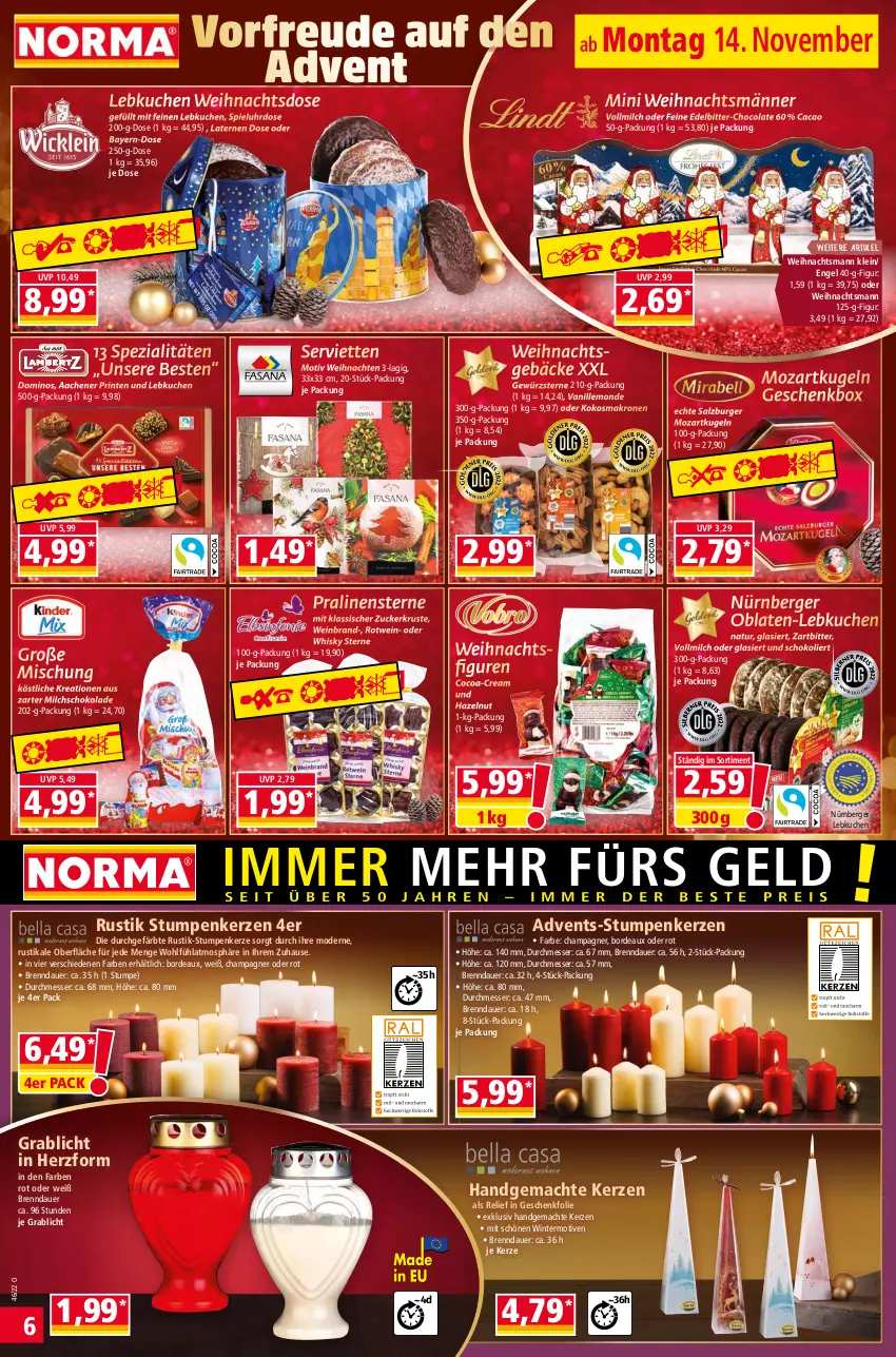 Aktueller Prospekt Norma - Norma - von 14.11 bis 21.11.2022 - strona 6 - produkty: auer, Berger, burger, champagne, champagner, cola, Engel, Geschenkbox, gewürz, kerze, kokos, krone, kuchen, Kugel, laterne, Lebkuchen, mac, messer, milch, Mode, natur, nürnberger, Nürnberger Lebkuchen, Oblaten, pralinen, rel, rotwein, salz, schoko, schokolade, Serviette, servietten, Spezi, Ti, uhr, vanille, vollmilch, weihnachten, Weihnachtsfigur, wein, weinbrand, whisky, zucker