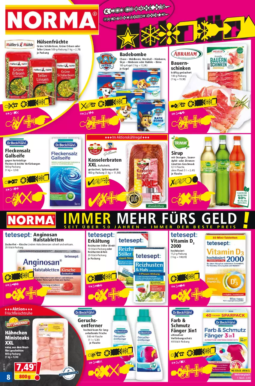 Aktueller Prospekt Norma - Norma - von 14.11 bis 21.11.2022 - strona 8 - produkty: apfel, auer, aufschnitt, Bad, Bau, Bauer, Bauernschinken, beere, braten, brustfilet, Clin, eis, elle, erbsen, filet, flasche, fleisch, früchte, gin, Grüne Erbsen, himbeer, himbeere, hülsenfrüchte, kasseler, Kasselerbraten, kirsch, kirsche, Kugel, kühlregal, limette, limetten, linsen, mac, mars, Mett, metten, natur, orange, orangen, recyclingmaterial, regal, Ria, rwe, salz, schinken, schnitten, Seife, senf, sirup, spitzenqualität, steak, steaks, tablet, tablett, Tablette, teller, Ti, tuc, verfärbungsschutz, vita, Vitamin D, zitrone, zitronen, zucker