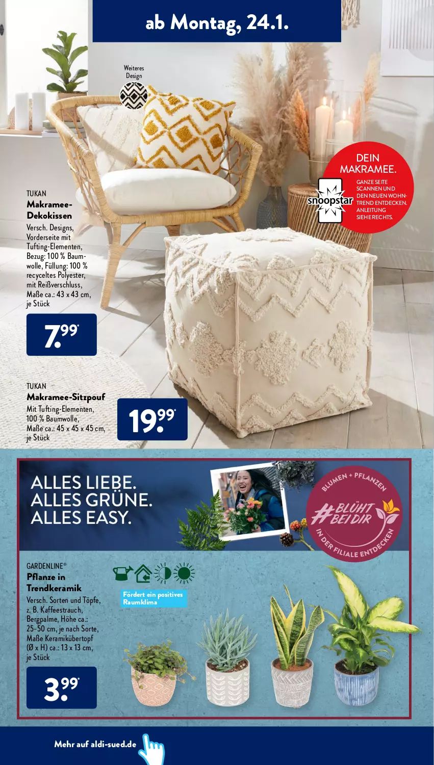 Aktueller Prospekt AldiSud - ALDI Aktuell - von 24.01 bis 29.01.2022 - strona 14 - produkty: aldi, Bau, baumwolle, decke, dekokissen, ente, gardenline®, kaffee, kissen, ndk, pflanze, Rauch, Ti, topf, übertopf, wolle