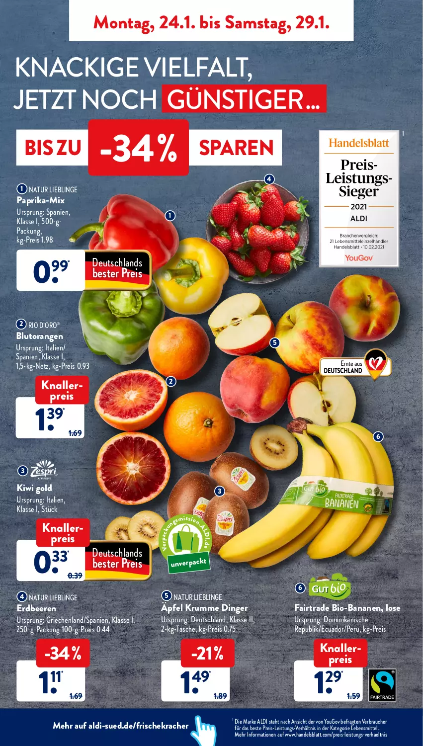 Aktueller Prospekt AldiSud - ALDI Aktuell - von 24.01 bis 29.01.2022 - strona 2 - produkty: aldi, banane, bananen, beere, beeren, bio, bio-bananen, Blutorange, eis, erdbeere, erdbeeren, kiwi, Kiwi Gold, knallerpreis, kracher, lebensmittel, natur, orange, orangen, paprika, Rauch, reis, rum, Tasche, Ti, Yo