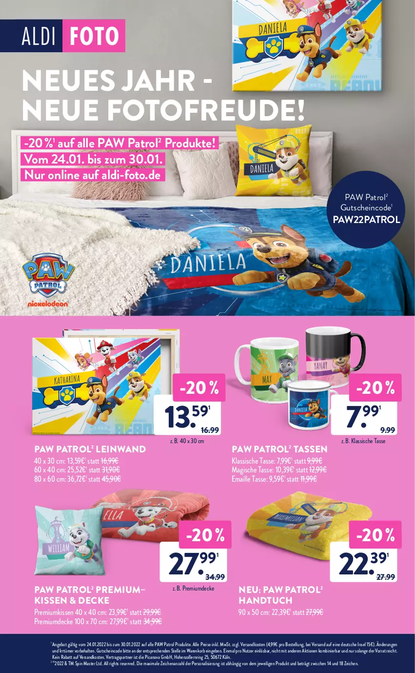 Aktueller Prospekt AldiSud - ALDI Aktuell - von 24.01 bis 29.01.2022 - strona 24 - produkty: aldi, angebot, decke, eis, elle, gutschein, handtuch, kissen, korb, maille, ndk, Paw Patrol, Persona, reis, ring, tasse, Ti, tuc