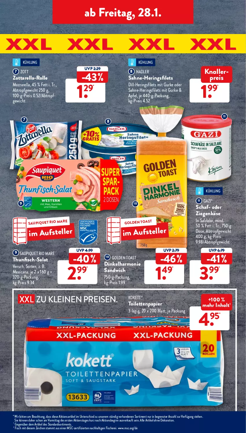 Aktueller Prospekt AldiSud - ALDI Aktuell - von 24.01 bis 29.01.2022 - strona 35 - produkty: alle artikel ohne dekoration, apfel, dekoration, eis, elle, filet, filets, fisch, fische, Fischer, gin, golden toast, gurke, hering, Herings, heringsfilets, Käse, knallerpreis, leine, mozzarella, nadler, papier, reis, rel, ring, Rio Mare, sahne, salat, salz, sandwich, saupiquet, Schere, teller, thunfisch, Ti, toast, toilettenpapier, ziegenkäse, zott, zottarella, ZTE