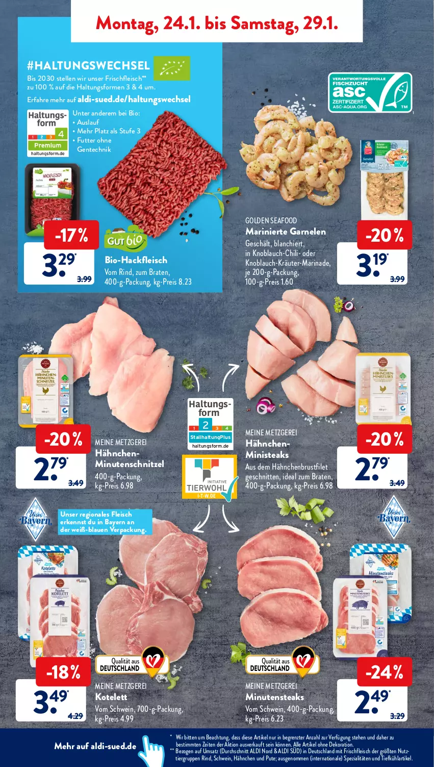 Aktueller Prospekt AldiSud - ALDI Aktuell - von 24.01 bis 29.01.2022 - strona 4 - produkty: aldi, alle artikel ohne dekoration, bio, Bio-Hackfleisch, braten, brustfilet, chili, dekoration, eis, elle, ente, filet, fleisch, garnelen, gsw, hackfleisch, hähnchenbrust, hähnchenbrustfilet, ideal zum braten, knoblauch, kotelett, kräuter, marinade, minutenschnitzel, minutensteaks, pute, reis, rind, schnitten, schnitzel, schwein, Spezi, steak, steaks, Ti, wein, ZTE