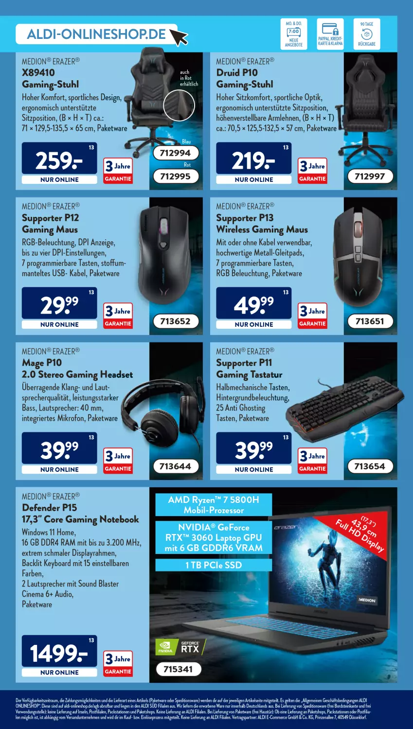 Aktueller Prospekt AldiSud - ALDI Aktuell - von 24.01 bis 29.01.2022 - strona 50 - produkty: aldi, armlehnen, aust, beleuchtung, cin, eis, elle, erde, gaming maus, gaming notebook, geforce, Headset, lautsprecher, LG, Liege, Mantel, Maus, medion, notebook, Razer, rel, rwe, Sport, stuhl, Tastatur, Ti, usb, ZTE