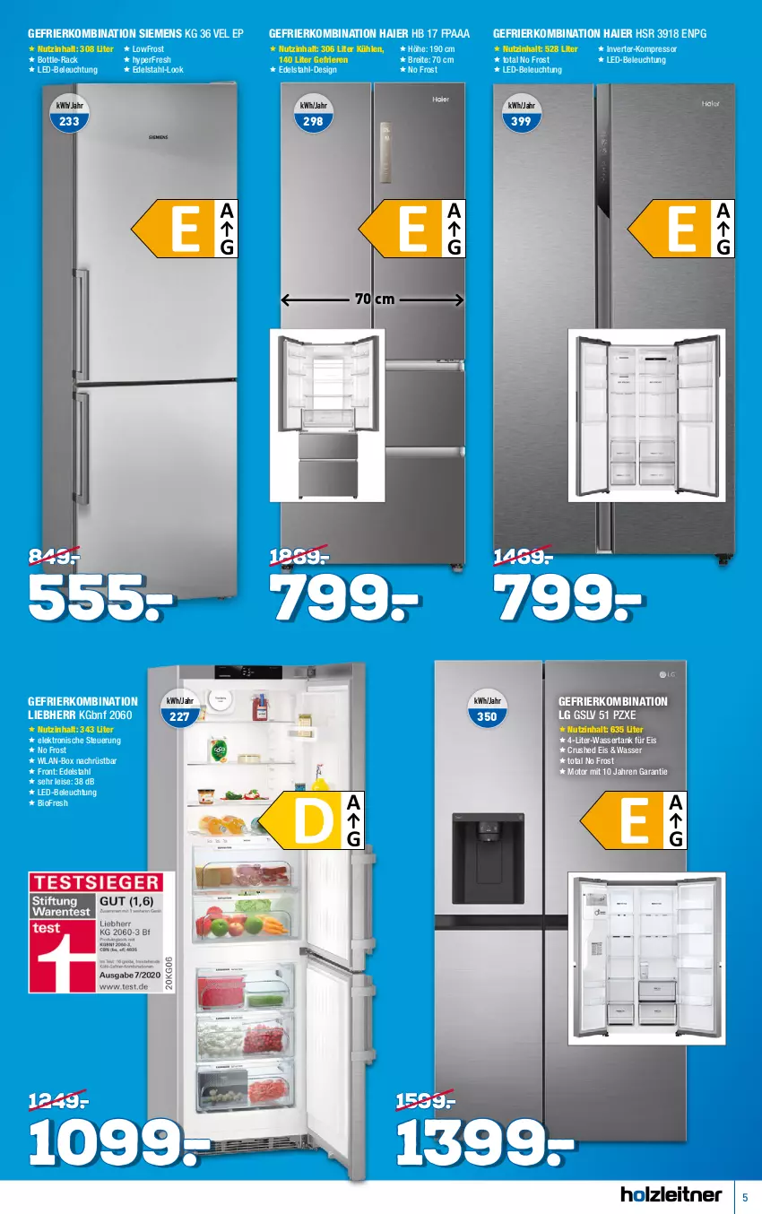 Aktueller Prospekt Holzleitner - von 02.07 bis 24.07.2022 - strona 5 - produkty: beleuchtung, bio, Brei, edelstahl, eis, Elektro, gefrierkombination, Haier, kompressor, led-beleuchtung, LG, liebherr, nation siemens, siemens, Ti, wasser, wassertank