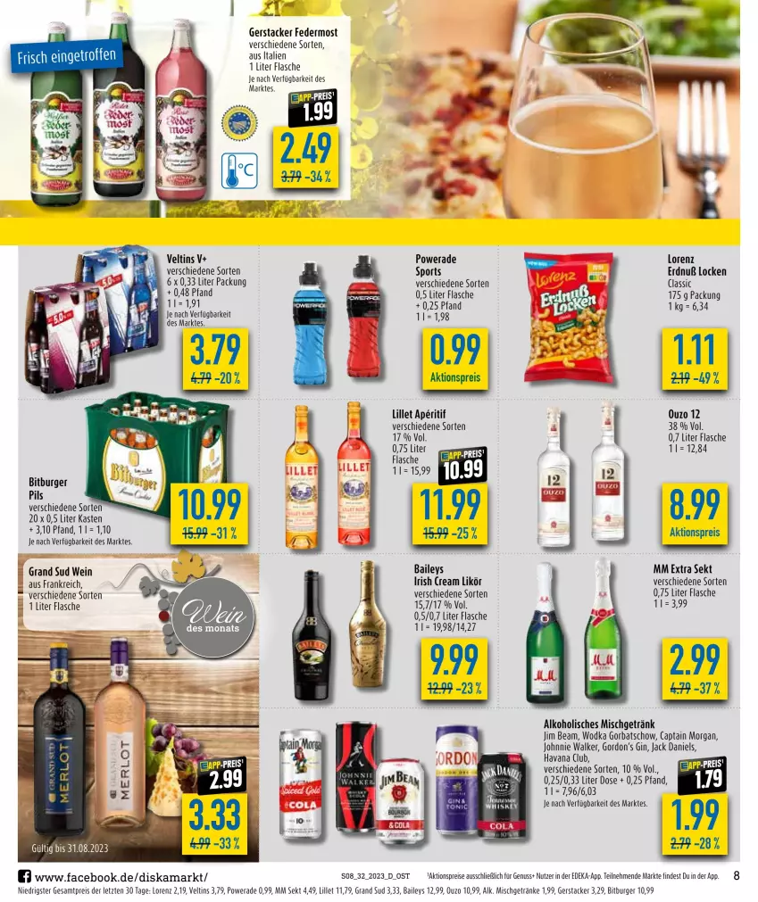 Aktueller Prospekt Diska - Prospekte - von 07.08 bis 12.08.2023 - strona 8 - produkty: aktionspreis, alkohol, aperitif, baileys, bitburger, bitburger pils, burger, Cap, captain morgan, deka, eis, flasche, getränk, getränke, gin, Gorbatschow, gordon, Gordon’s, grand sud, Havana Club, irish cream, jack daniel, jack daniels, jim beam, johnnie walker, likör, lillet, lorenz, mm extra, nuss, ouzo, ouzo 12, pils, reis, sekt, Sport, Ti, veltins, wein, wodka, ZTE