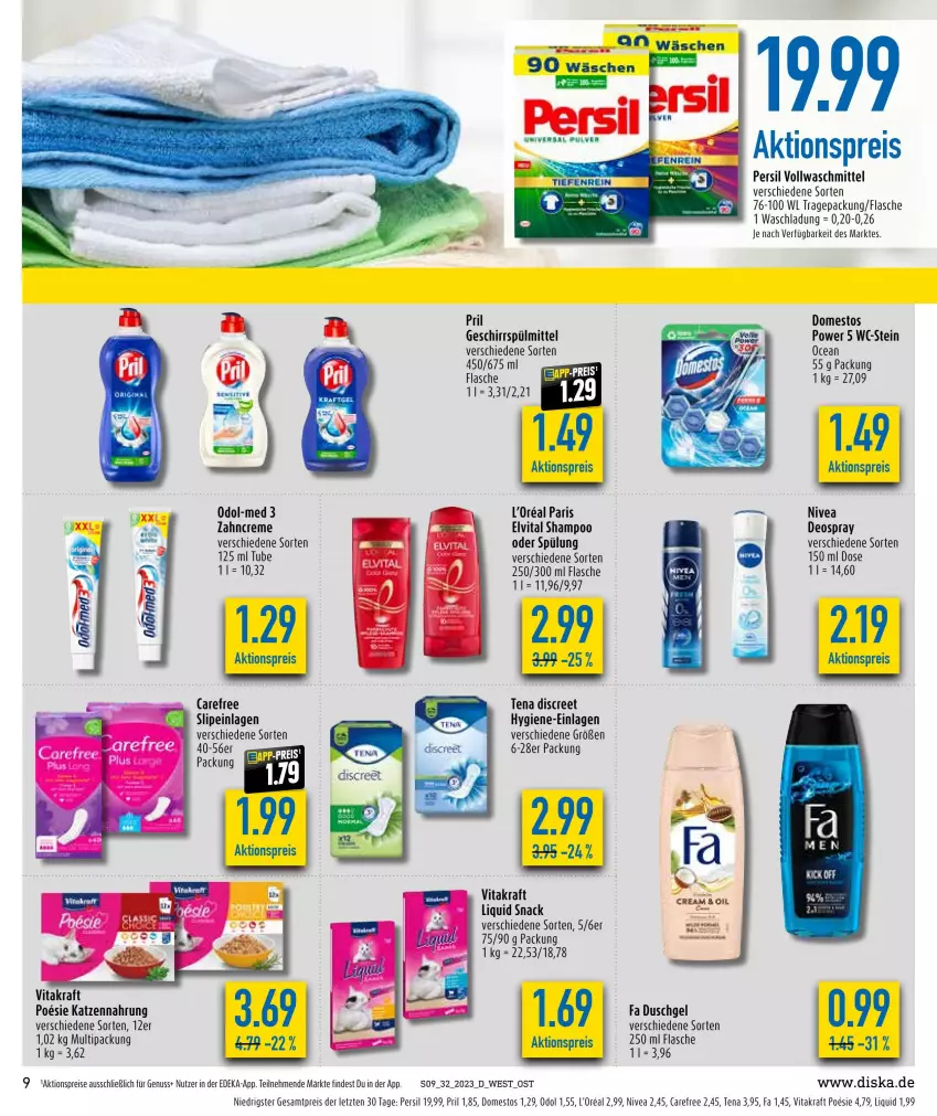 Aktueller Prospekt Diska - Prospekte - von 07.08 bis 12.08.2023 - strona 9 - produkty: aktionspreis, carefree, creme, deka, deo, deospray, Discreet, domestos, duschgel, eis, elvital, fa duschgel, flasche, geschirr, geschirrspülmittel, katzennahrung, kraft, l'oreal, nivea, nuss, Odol, Odol-med 3, persil, pril, reis, shampoo, slip, slipeinlagen, snack, spülmittel, spülung, Ti, vita, vitakraft, vollwaschmittel, waschmittel, zahncreme, ZTE