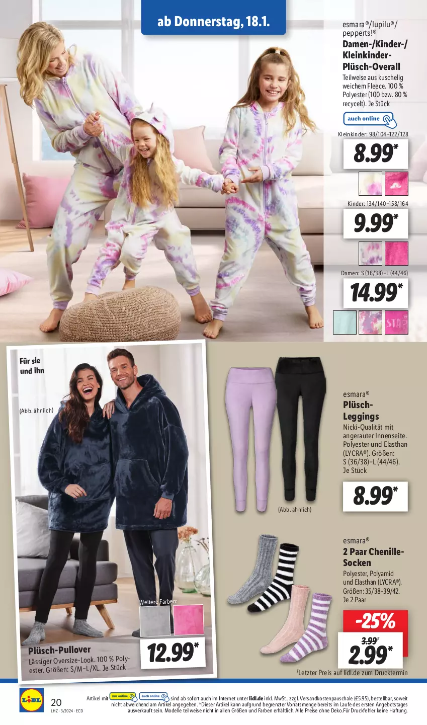 Aktueller Prospekt Lidl - Aktionsprospekt - von 15.01 bis 20.01.2024 - strona 24 - produkty: angebot, dell, eis, elle, esmara, gin, Kinder, leggings, lupilu, Mode, ndk, Overall, Plüsch, Plüschleggings, Pullover, reis, Schal, Schale, socken, Ti, ZTE