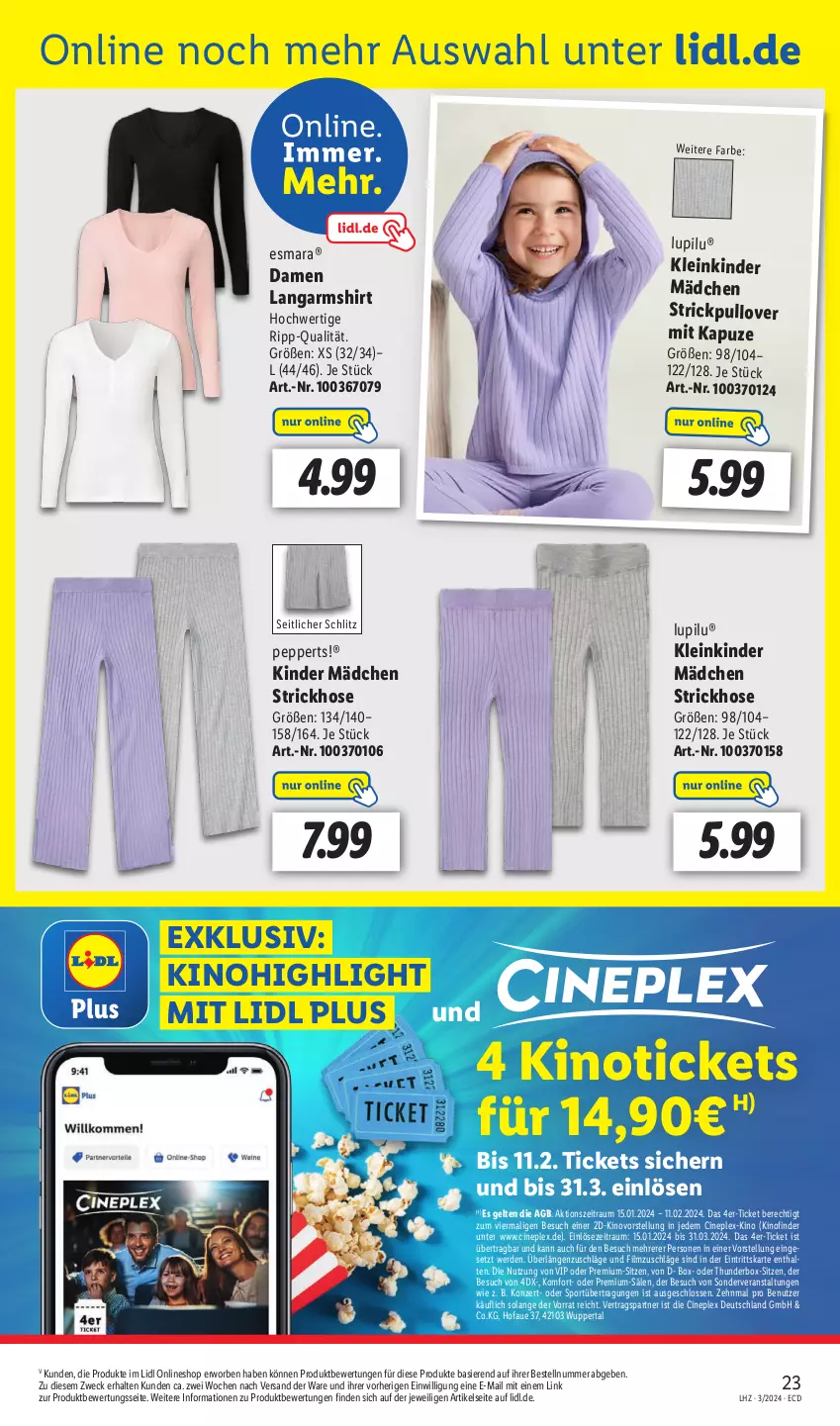 Aktueller Prospekt Lidl - Aktionsprospekt - von 15.01 bis 20.01.2024 - strona 27 - produkty: cin, erde, esmara, hose, Kinder, Langarmshirt, lupilu, Pullover, shirt, Sport, Strickpullover, Ti, weck