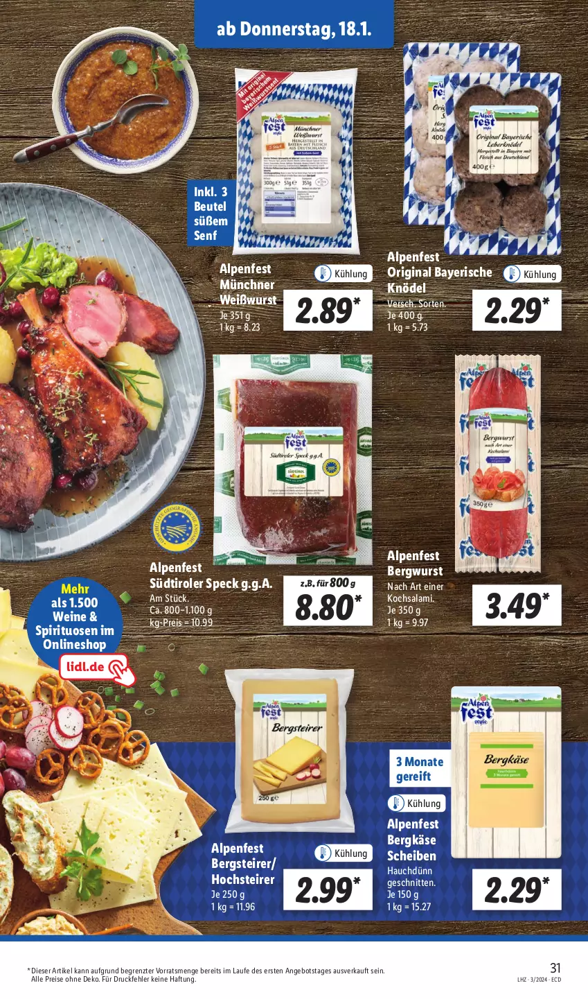 Aktueller Prospekt Lidl - Aktionsprospekt - von 15.01 bis 20.01.2024 - strona 35 - produkty: angebot, Bergkäse, beutel, eis, gin, Käse, Knödel, reis, salami, schnitten, senf, Speck, spirituosen, südtiroler, Ti, wein, weine, Weißwurst, wurst, ZTE