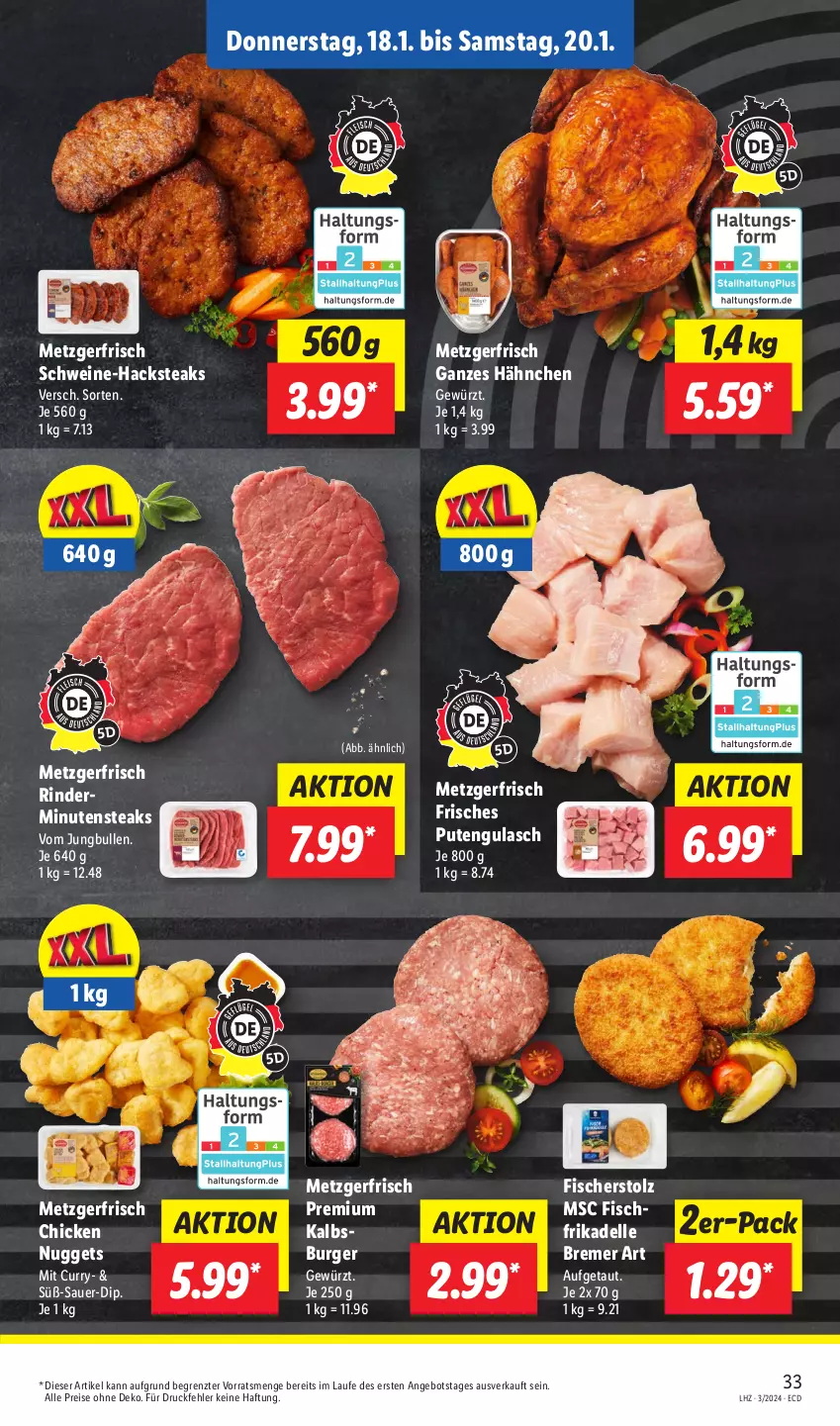 Aktueller Prospekt Lidl - Aktionsprospekt - von 15.01 bis 20.01.2024 - strona 39 - produkty: angebot, auer, burger, chicken nuggets, curry, dell, dip, eis, elle, fisch, fische, Fischer, gewürz, gulasch, jungbullen, minutensteaks, nuggets, pute, reis, rind, rinder, schwein, schweine, steak, steaks, Ti, wein, weine, ZTE