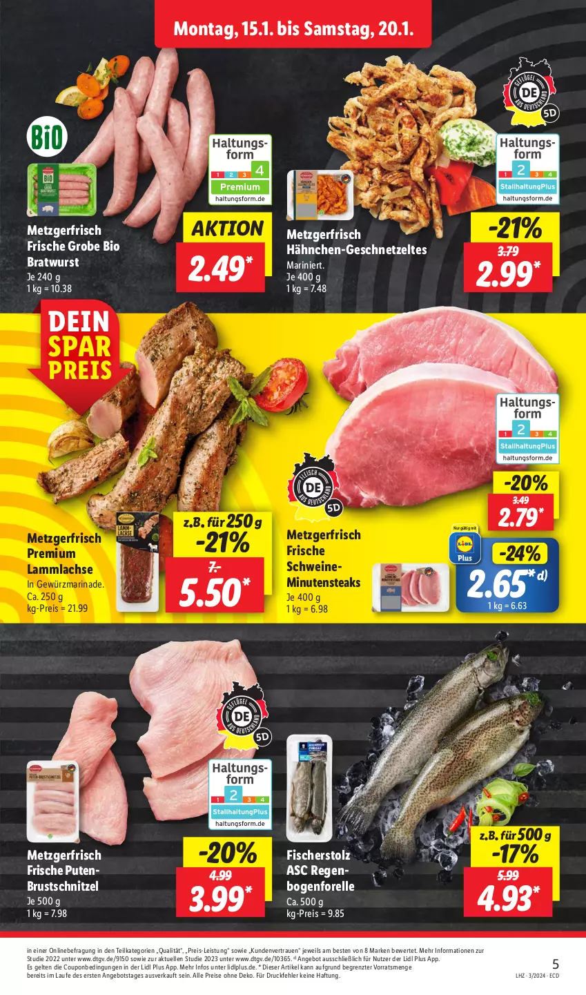 Aktueller Prospekt Lidl - Aktionsprospekt - von 15.01 bis 20.01.2024 - strona 5 - produkty: angebot, bio, bratwurst, coupon, eis, elle, fisch, fische, Fischer, forelle, geschnetzeltes, gewürz, lachs, lamm, lammlachse, marinade, minutensteaks, pute, putenbrust, reis, rel, schnitzel, schwein, schweine, steak, steaks, Ti, wein, weine, wurst, Zelt, ZTE