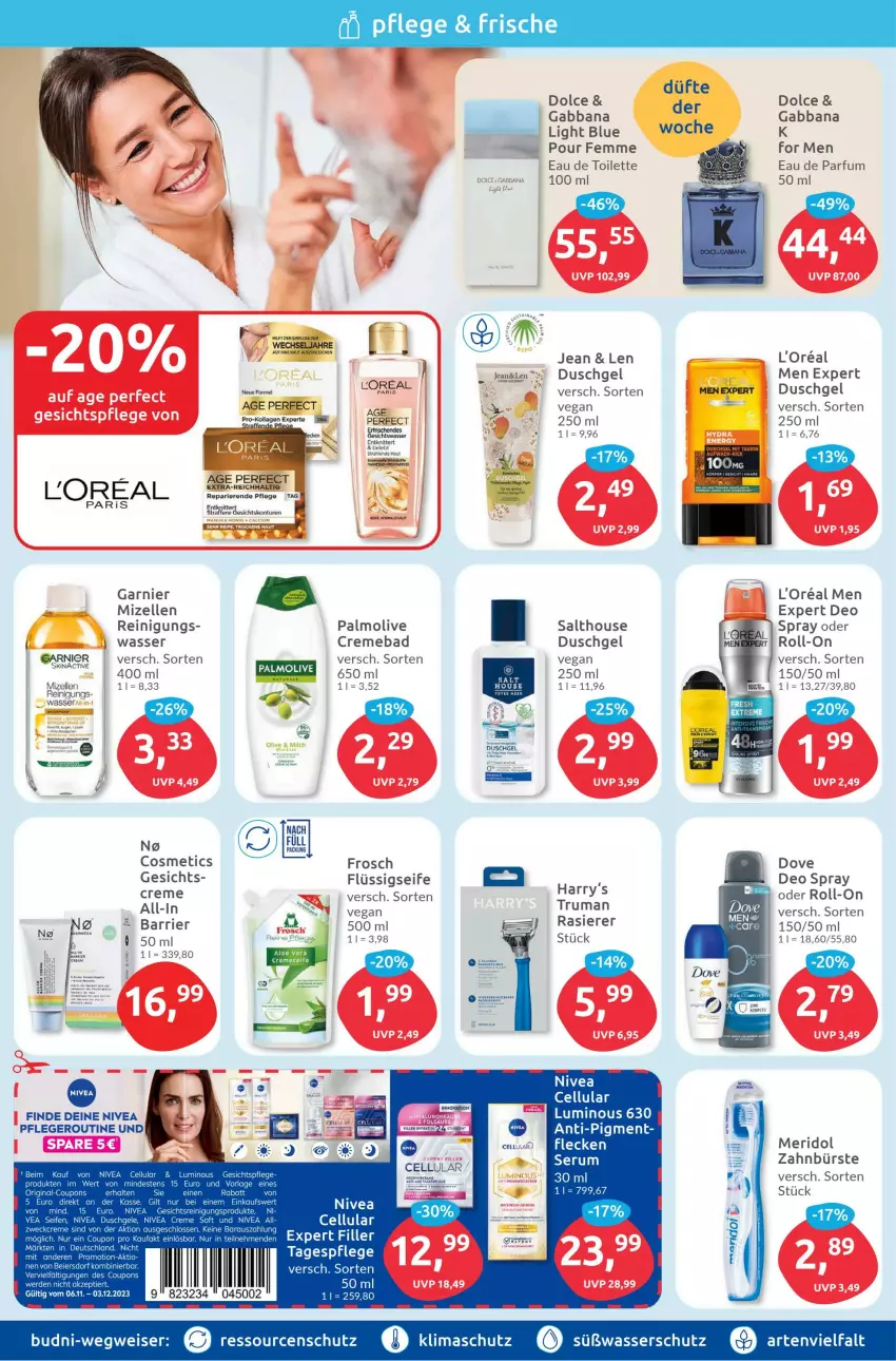 Aktueller Prospekt Budni - Prospekte - von 06.11 bis 11.11.2023 - strona 2 - produkty: Abba, Bad, bürste, coupon, coupons, creme, deo, deo spray, dove, duschgel, Eau de parfum, eier, eis, elle, erde, flüssigseife, Frosch, garnier, gesichtspflege, Gesichtswasser, gin, l'oreal, loreal, meridol, mizellen, nivea, olive, palmolive, parfum, rasierer, Reinigung, roll-on, rum, Seife, Serum, Tagespflege, tee, Ti, wasser, weck, zahnbürste