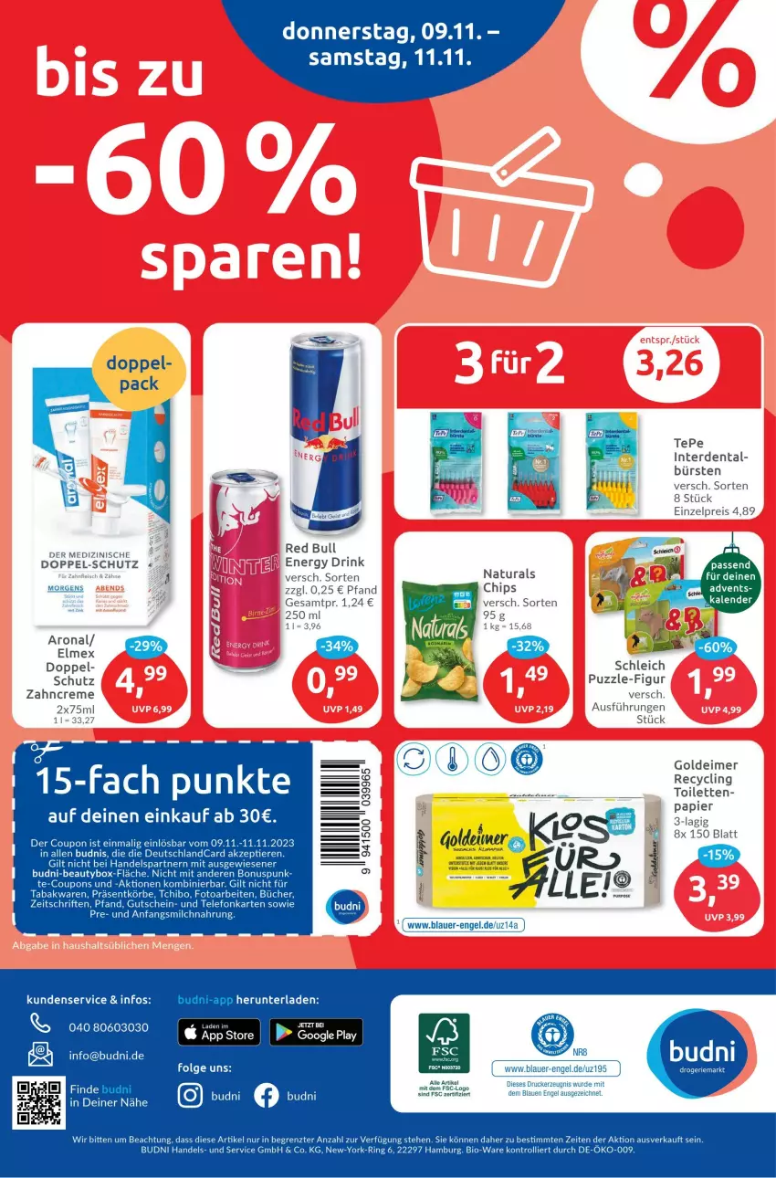 Aktueller Prospekt Budni - Prospekte - von 06.11 bis 11.11.2023 - strona 8 - produkty: auer, bio, bürste, bürsten, chips, coupon, coupons, creme, deutschlandcard, drink, drucker, eimer, eis, elmex, energy drink, Engel, erde, fleisch, gutschein, kerze, LG, milch, papier, Puzzle, red bull, reis, ring, Schleich, sim, Tchibo, telefon, Ti, Tiere, trolli, Yo, zahncreme, ZTE