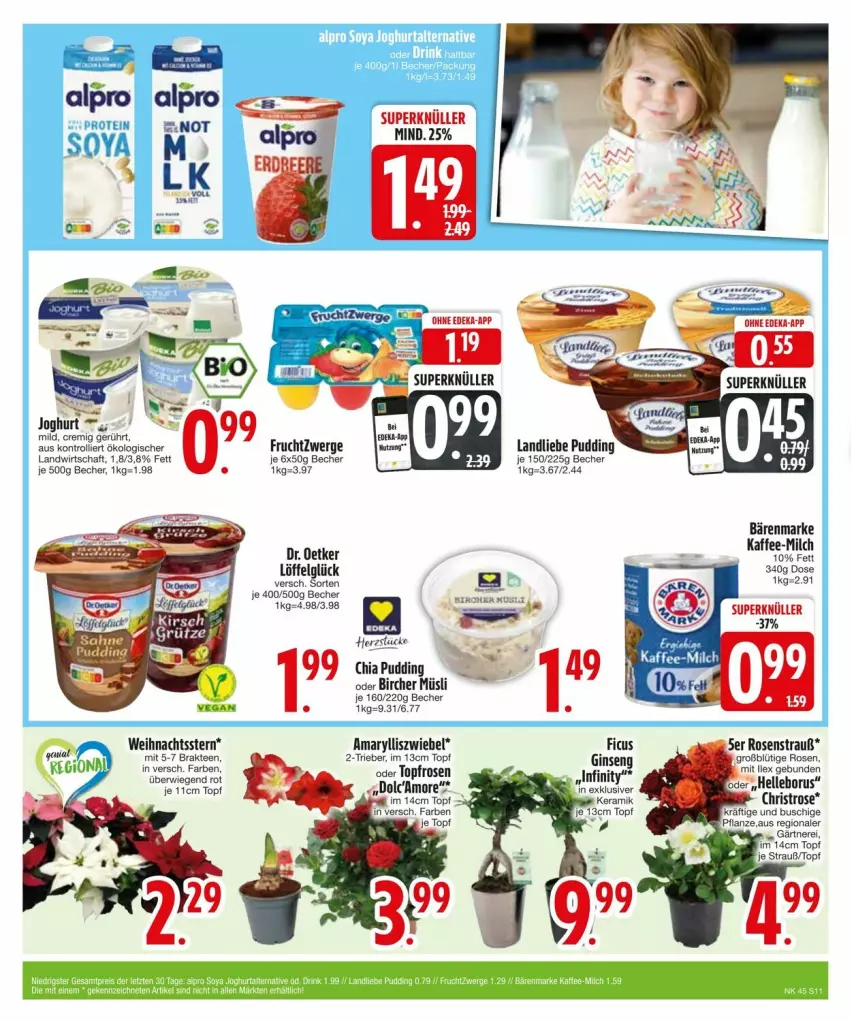 Aktueller Prospekt Edeka - Prospekte - von 03.11 bis 13.11.2024 - strona 11 - produkty: bärenmarke, Becher, chia, Dr. Oetker, frucht, fruchtzwerge, gin, kaffee, landliebe, LG, Löffel, milch, müsli, pflanze, pudding, rosen, tee, topf, trolli, Weihnachtsstern, zwiebel