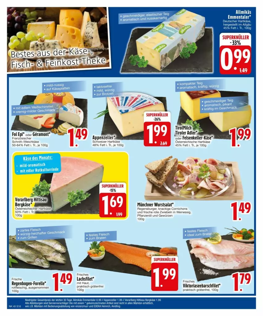 Aktueller Prospekt Edeka - Prospekte - von 03.11 bis 13.11.2024 - strona 16 - produkty: Allmikäs, appenzeller, Bergkäse, burger, eis, elle, essig, filet, fleisch, fol epi, forelle, gewürz, hartkäse, Käse, lachs, lachsfilet, LG, pflanze, pflanzen, Pflanzenöl, regensburger, rel, Ria, Rote Zwiebel, salat, schweizer hartkäse, Ti, tisch, weichkäse, wein, weine, wurst, zwiebel, zwiebeln