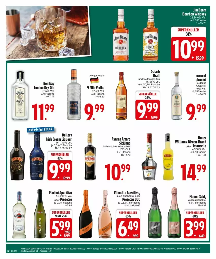 Aktueller Prospekt Edeka - Prospekte - von 03.11 bis 13.11.2024 - strona 20 - produkty: alkohol, amaro, asbach uralt, averna, baileys, Birnen, dry gin, ecco, flasche, gin, irish cream, kräuter, kräuterlikör, likör, limo, liqueur, london dry, london dry gin, martini, mionetto, mumm, ouzo, prosecco, sekt, Ti, vodka