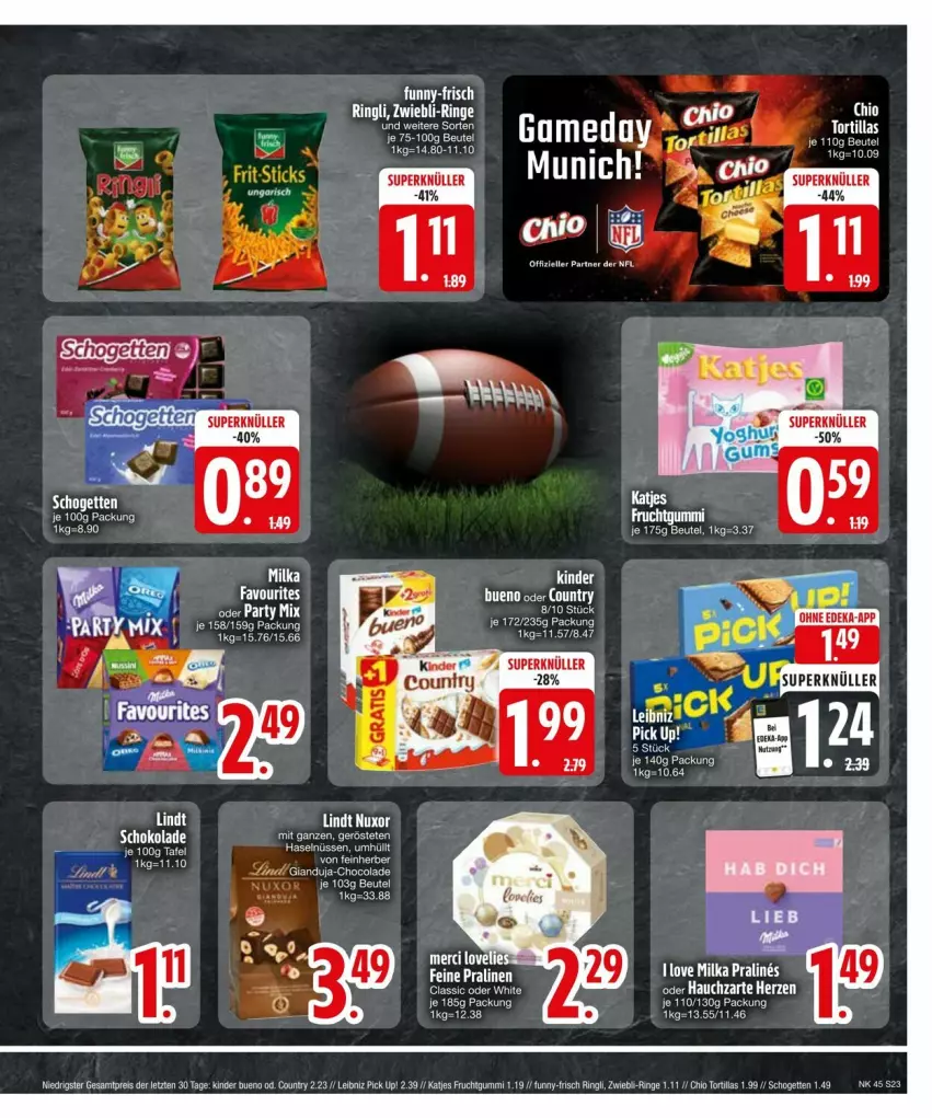 Aktueller Prospekt Edeka - Prospekte - von 03.11 bis 13.11.2024 - strona 23 - produkty: cola, eis, elle, frucht, fruchtgummi, funny-frisch, katjes, Kinder, kinder bueno, leibniz, lindt, milka, Pick Up!, reis, ring, schogetten, tee, Ti, tortilla, tortillas, ZTE