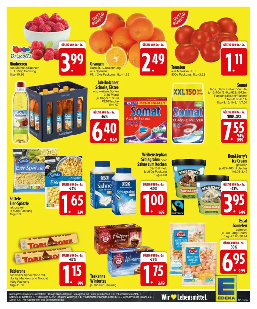 Aktueller Prospekt Edeka - Prospekte - von 03.11 bis 13.11.2024 - strona 27 - produkty: adelholzener, Becher, beere, beeren, beutel, Cap, eier, eis, eistee, escal, flasche, garnelen, himbeer, himbeere, himbeeren, Holz, honig, mandel, mandeln, orange, orangen, pet-flasche, sahne, schlagrahm, schoko, schokolade, schorle, settele, somat, tee, teekanne, toblerone, tomate, tomaten, weihenstephan