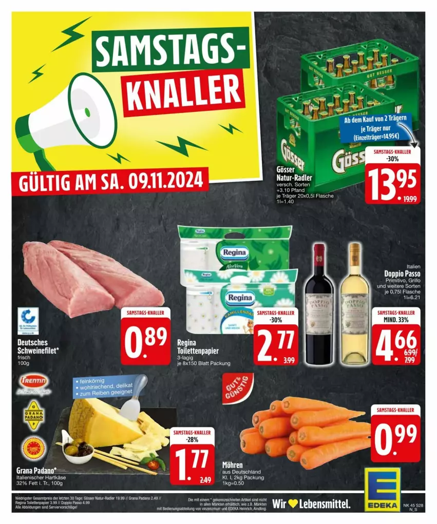 Aktueller Prospekt Edeka - Prospekte - von 03.11 bis 13.11.2024 - strona 28 - produkty: Abtei, deka, doppio passo, eis, gin, gösser, grana, grana padano, grill, grillo, hartkäse, italienischer hartkäse, Käse, lebensmittel, natur, padano, papier, passo, primitivo, radler, Rana, reis, Ti, ZTE