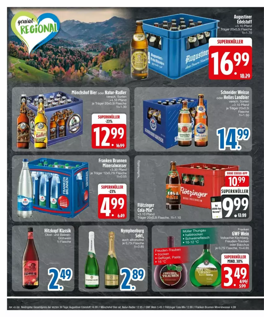 Aktueller Prospekt Edeka - Prospekte - von 03.11 bis 13.11.2024 - strona 8 - produkty: Alwa, Augustiner Edelstoff, bier, brunnen, cola, eis, elle, flasche, franken brunnen, Glühwein, mineralwasser, mönchshof, natur, radler, reis, rel, Ti, trauben, wasser, wein, ZTE