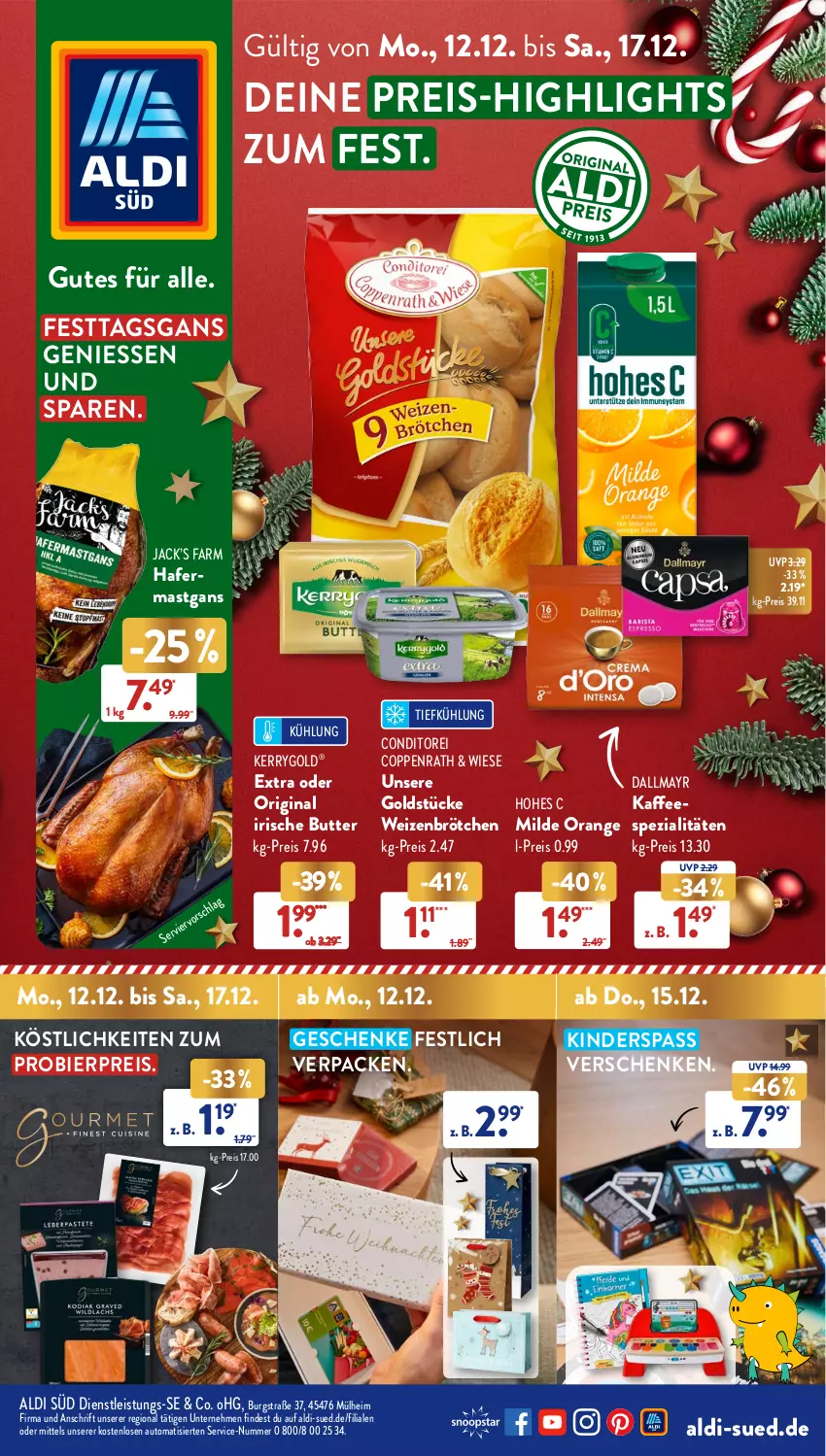 Aktueller Prospekt AldiSud - NÄCHSTE WOCHE - von 12.12 bis 17.12.2022 - strona 1 - produkty: aldi, auto, bier, brötchen, butter, coppenrath, dallmayr, eis, gin, Goldstücke, hafer, Hohes C, irische butter, kerrygold, Kinder, orange, reis, Spezi, Ti, weizenbrötchen