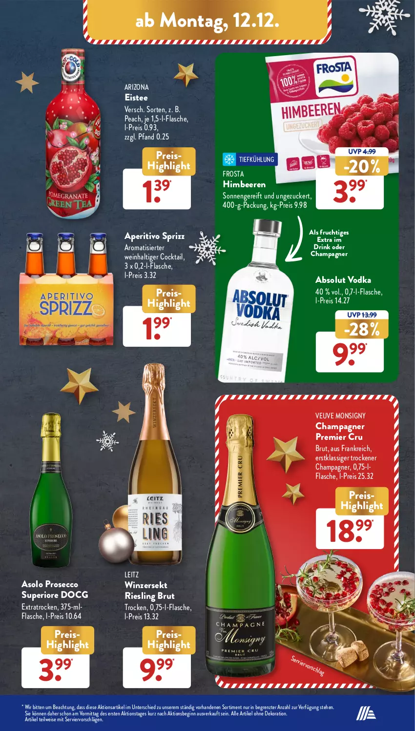 Aktueller Prospekt AldiSud - NÄCHSTE WOCHE - von 12.12 bis 17.12.2022 - strona 21 - produkty: Absolut Vodka, alle artikel ohne dekoration, beere, beeren, brut, champagne, champagner, cocktail, dekoration, drink, ecco, eis, eistee, flasche, frosta, frucht, gin, himbeer, himbeere, himbeeren, leitz, prosecco, reis, riesling, sekt, Sprizz, tee, Ti, vodka, wein, ZTE, zucker