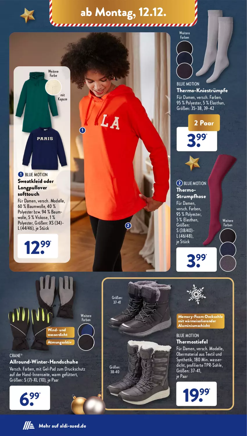 Aktueller Prospekt AldiSud - NÄCHSTE WOCHE - von 12.12 bis 17.12.2022 - strona 28 - produkty: aldi, Bau, baumwolle, decksohle, dell, eis, elle, handschuhe, hose, kleid, Mode, Pullover, Ria, rum, schuhe, strümpfe, Strumpfhose, Sweatkleid, Thermostrumpfhose, Ti, wasser, wolle