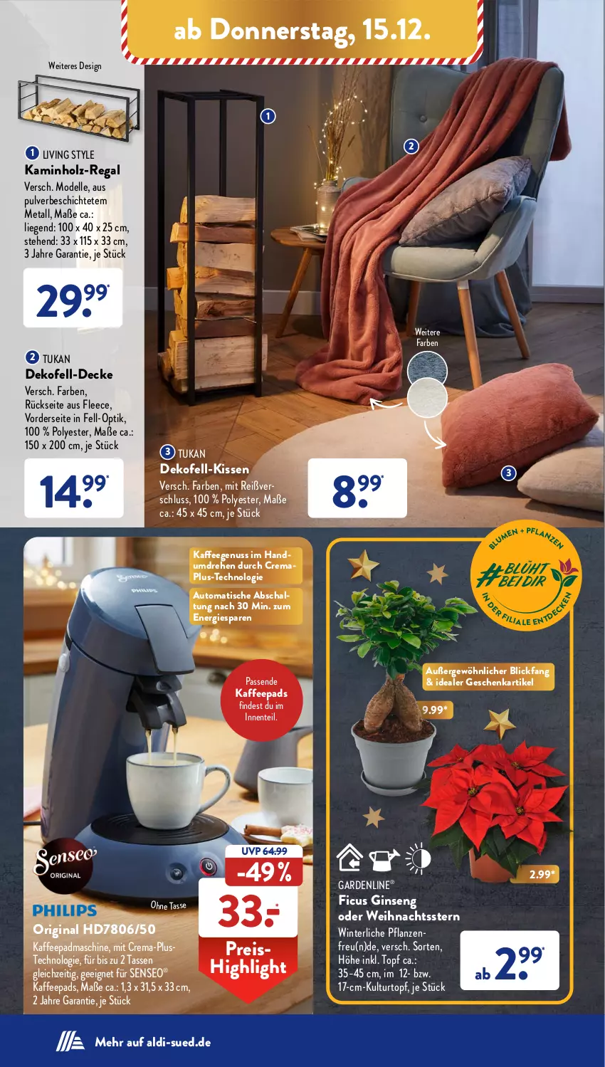 Aktueller Prospekt AldiSud - NÄCHSTE WOCHE - von 12.12 bis 17.12.2022 - strona 38 - produkty: aldi, auto, decke, dell, eis, elle, ente, Ficus, gardenline®, gin, Holz, kaffee, kaffeegenuss, kaffeepads, Kamin, Kaminholz, kissen, kulturtopf, Liege, Mode, nuss, pflanze, pflanzen, regal, reis, Schal, senseo, tasse, Ti, tisch, topf, Weihnachtsstern