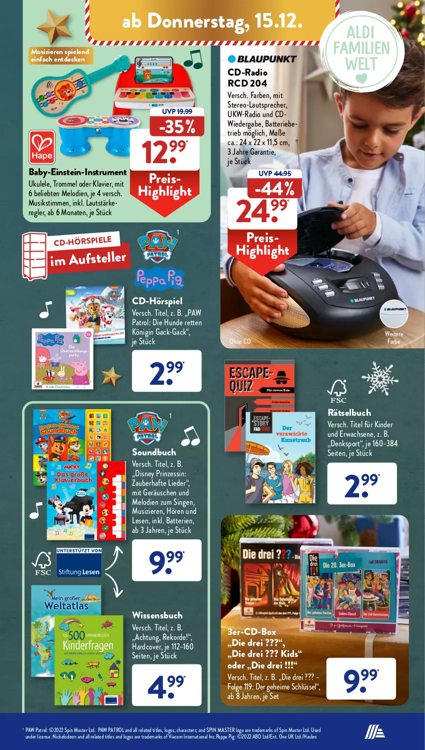 Aktueller Prospekt AldiSud - NÄCHSTE WOCHE - von 12.12 bis 17.12.2022 - strona 43 - produkty: batterie, batterien, buch, decke, deo, disney, eis, elle, gin, Hasbro, Kinder, lautsprecher, LG, Paw Patrol, Peppa Pig, Radio, reis, rel, rum, Soundbuch, Spiele, Sport, teller, Ti, trommel