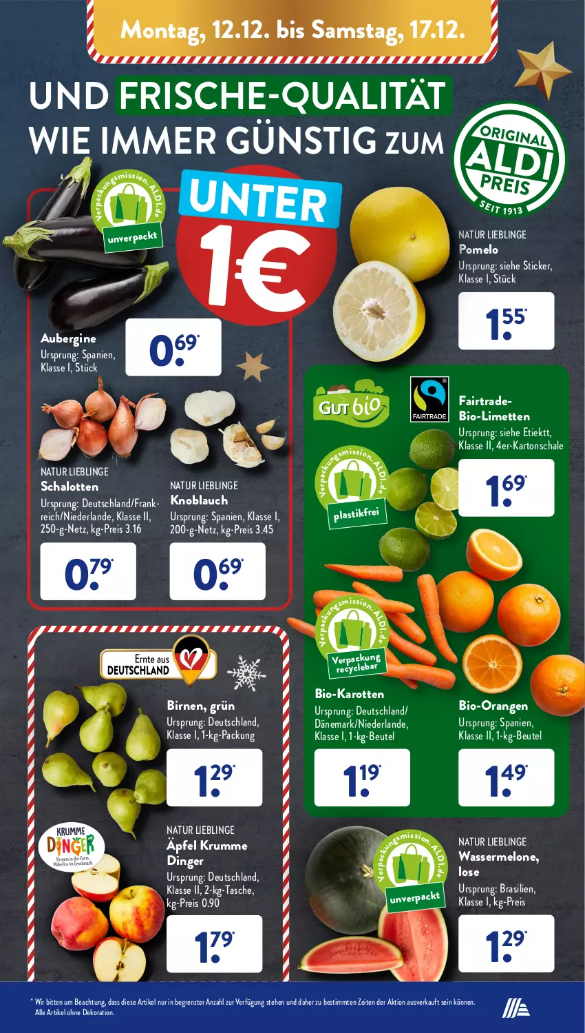 Aktueller Prospekt AldiSud - NÄCHSTE WOCHE - von 12.12 bis 17.12.2022 - strona 5 - produkty: alle artikel ohne dekoration, asti, aubergine, beutel, bio, bio-karotten, Birnen, dekoration, eis, gin, karotten, knoblauch, limette, limetten, melone, Mett, metten, natur, orange, orangen, Pomelo, reis, rum, Schal, Schale, Schalotte, Tasche, Ti, wasser, wassermelone, ZTE