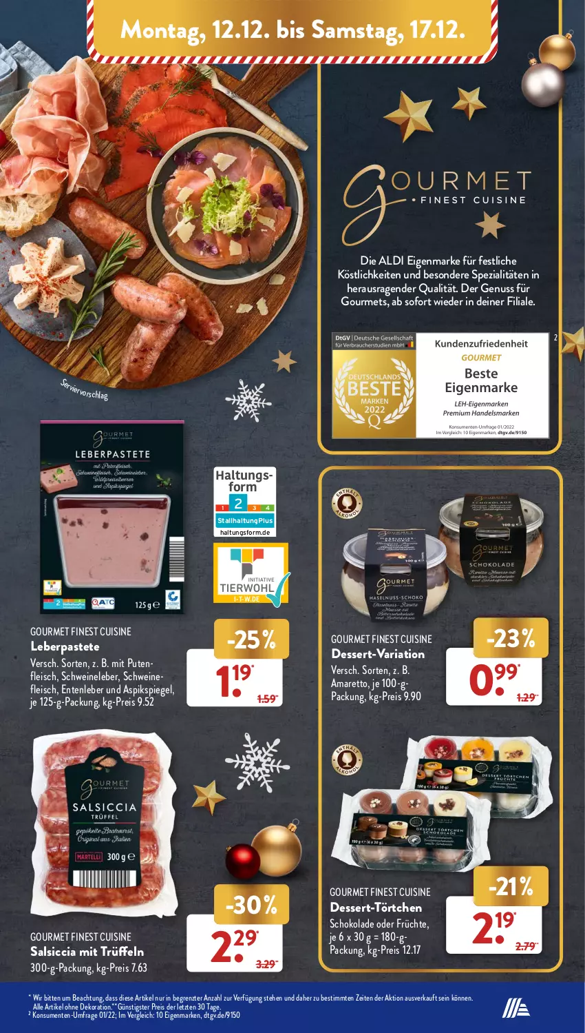 Aktueller Prospekt AldiSud - NÄCHSTE WOCHE - von 12.12 bis 17.12.2022 - strona 7 - produkty: aldi, alle artikel ohne dekoration, Amaretto, dekoration, dessert, eis, ente, fleisch, früchte, nuss, pastete, pute, Putenfleisch, reis, Ria, salsiccia, schoko, schokolade, schwein, schweine, schweinefleisch, Schweineleber, Spezi, spiegel, Ti, Törtchen, Trüffel, wein, weine, ZTE