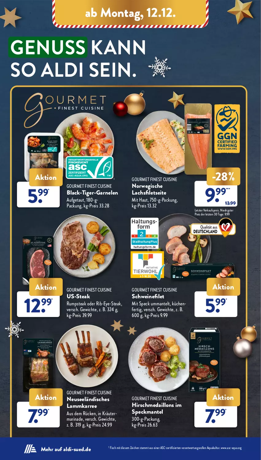 Aktueller Prospekt AldiSud - NÄCHSTE WOCHE - von 12.12 bis 17.12.2022 - strona 8 - produkty: aldi, aqua, bier, eis, filet, filets, fisch, garnelen, kräuter, küche, Küchen, lachs, lachsfilet, lachsfilets, lack, lamm, Mantel, marinade, medaillons, nuss, reis, rum, rumpsteak, rwe, schwein, schweine, schweinefilet, Speck, steak, Ti, Tiger-Garnelen, wein, weine, ZTE