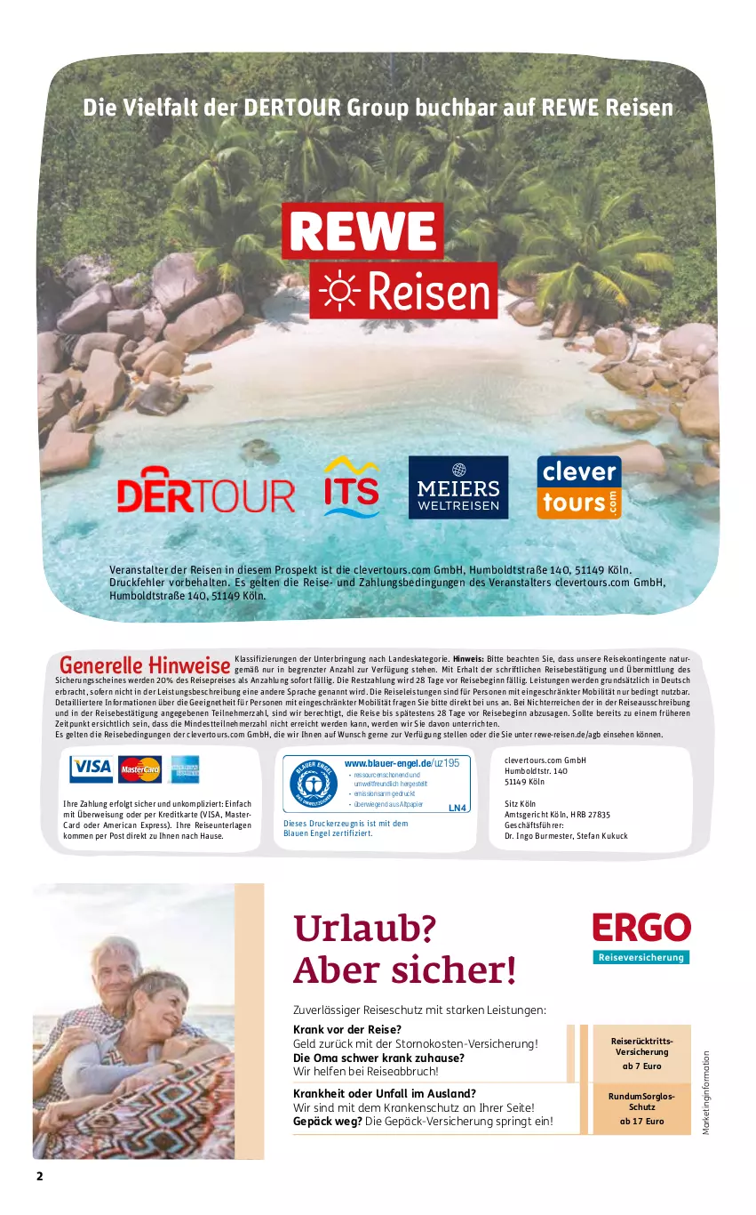 Aktueller Prospekt Rewe Reisen - Reiseprospekt - von 31.05 bis 28.06.2024 - strona 2 - produkty: auer, buch, drucker, eis, elle, Engel, ente, erde, gin, kerze, LG, mastercard, natur, papier, reis, rel, ring, Ti, ZTE