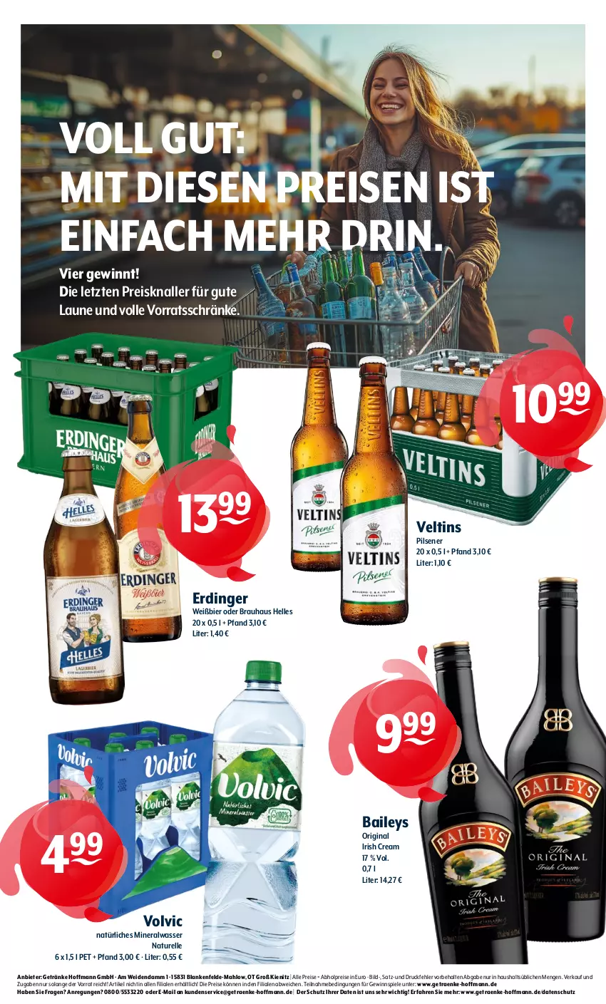 Aktueller Prospekt Getraenke Hoffmann - Prospekte - von 04.11 bis 09.11.2024 - strona 6 - produkty: abholpreise, Alwa, baileys, bier, eis, elle, ente, erdinger, getränk, getränke, gewinnspiel, gin, irish cream, mineralwasser, natur, natürliches mineralwasser, pils, pilsener, reis, rel, Spiele, Ti, veltins, veltins pilsener, volvic, volvic natürliches, wasser, ZTE