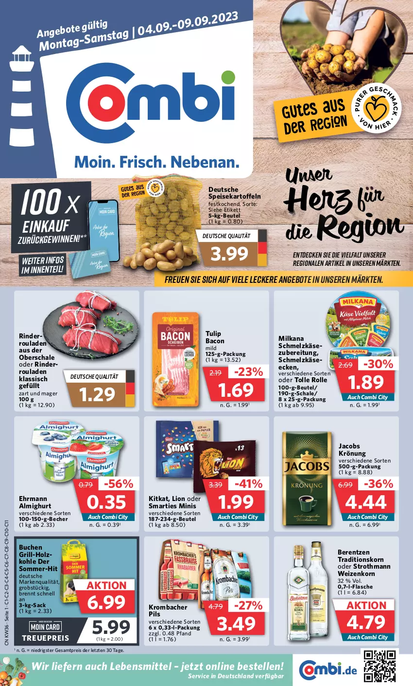 Aktueller Prospekt Combi - Prospekte - von 04.09 bis 09.09.2023 - strona 1 - produkty: almighur, almighurt, angebot, angebote, bacon, Becher, berentzen, beutel, buch, decke, ehrmann, ehrmann almighurt, eis, elle, ente, flasche, grill, Holz, jacobs, jacobs krönung, kartoffel, kartoffeln, Käse, kitkat, korn, krombache, krombacher, krombacher pils, lebensmittel, lion, milka, milkana, obst, pils, reis, rind, rinder, rouladen, sac, Schal, Schale, Schmelzkäse, smarties, speisekartoffeln, Ti, tulip, weizenkorn, ZTE