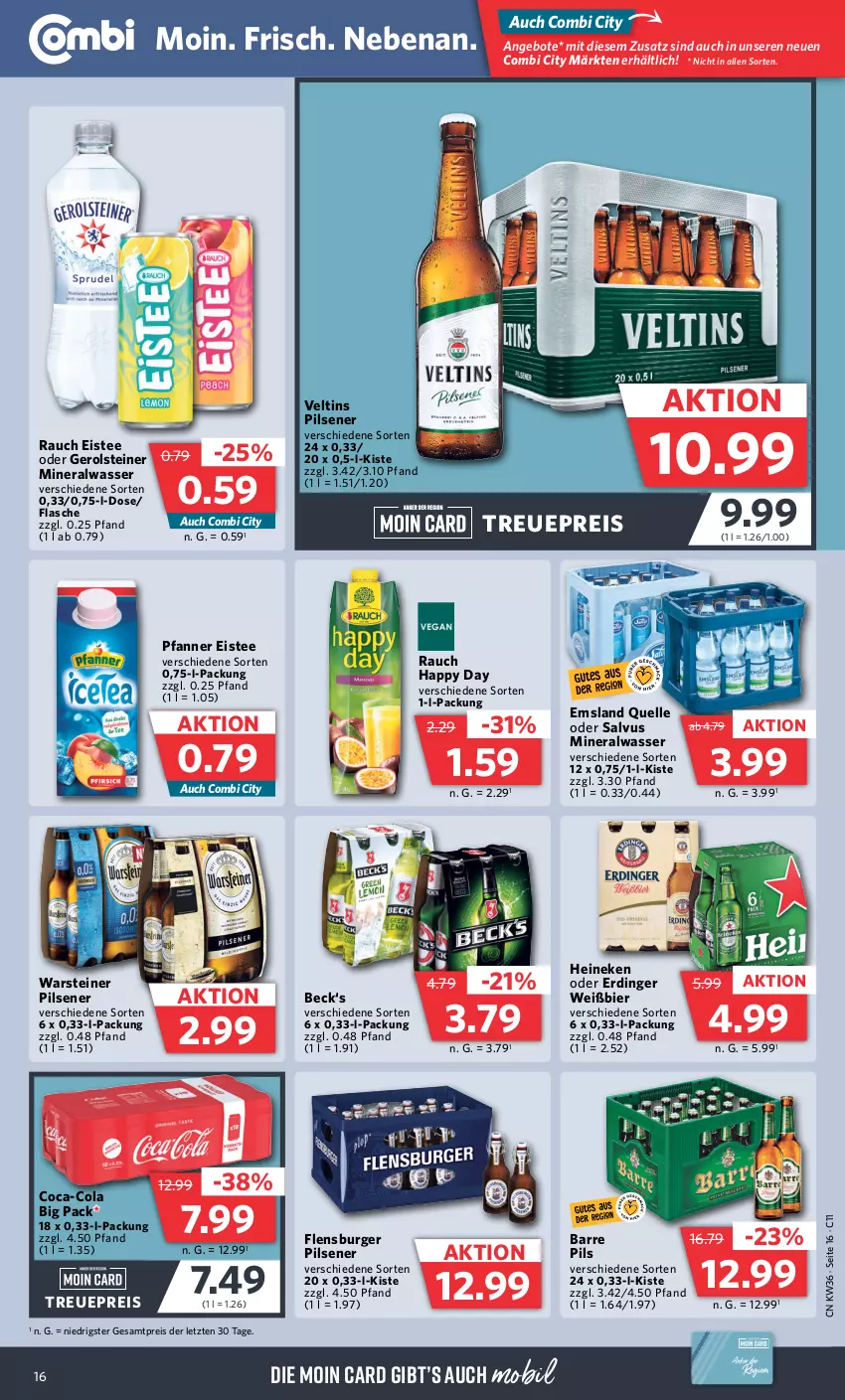 Aktueller Prospekt Combi - Prospekte - von 04.09 bis 09.09.2023 - strona 16 - produkty: Alwa, angebot, angebote, bier, burger, coca-cola, cola, eis, eistee, elle, erdinger, flasche, flensburger, gerolsteine, gerolsteiner, Happy Day, heineken, mineralwasser, pfanne, Pfanner, pils, pilsener, Rauch, reis, steiner, tee, Ti, veltins, veltins pilsener, warsteiner, wasser, ZTE