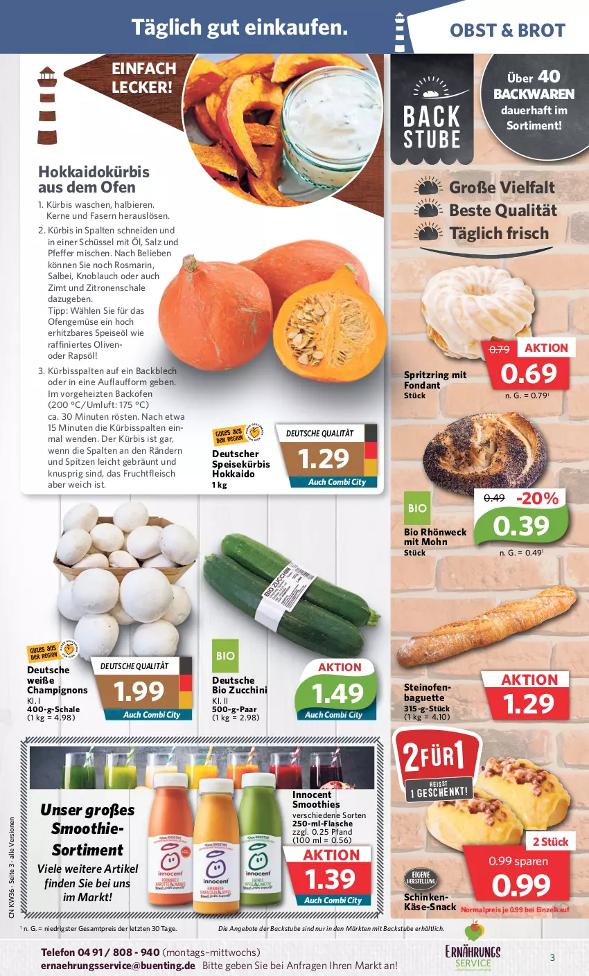 Aktueller Prospekt Combi - Prospekte - von 04.09 bis 09.09.2023 - strona 3 - produkty: angebot, angebote, auer, backofen, backwaren, baguette, bier, Biere, bio, brot, champignon, champignons, eis, flasche, fleisch, frucht, fruchtfleisch, Innocent, Käse, knoblauch, Kürbis, obst, Ofen, olive, oliven, pfeffer, rapsöl, reis, ring, rosmarin, salz, Schal, Schale, schinken, schüssel, smoothie, smoothies, snack, steinofen, stube, telefon, Ti, weck, zitrone, zitronen, ZTE, zucchini