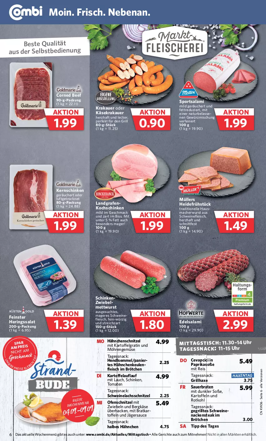 Aktueller Prospekt Combi - Prospekte - von 04.09 bis 09.09.2023 - strona 6 - produkty: auer, axe, beef, Bergkäse, braten, brötchen, cevapcici, corned beef, Edelsalami, eis, elle, fleisch, gewürz, Gewürzmischung, grill, grillhaxe, Hähnchenschnitzel, Hausmacher, Haxe, heidefrühstück, Hendl, hering, Herings, kartoffel, kartoffeln, Käse, kernschinken, kochschinken, krakauer, lachs, LG, mac, Mett, mettwurst, mit zwiebeln, möhren, Müller, Nackensteak, natur, Ofen, paprika, reis, ring, rotkohl, salami, salat, sauce, schinken, schnitzel, schwein, schweine, schweinefleisch, Schweinelachs, Semmel, snack, Soße, Sport, steak, Streichzart, Ti, tisch, tomate, tomaten, uhr, wein, weine, wurst, zwiebel, zwiebeln