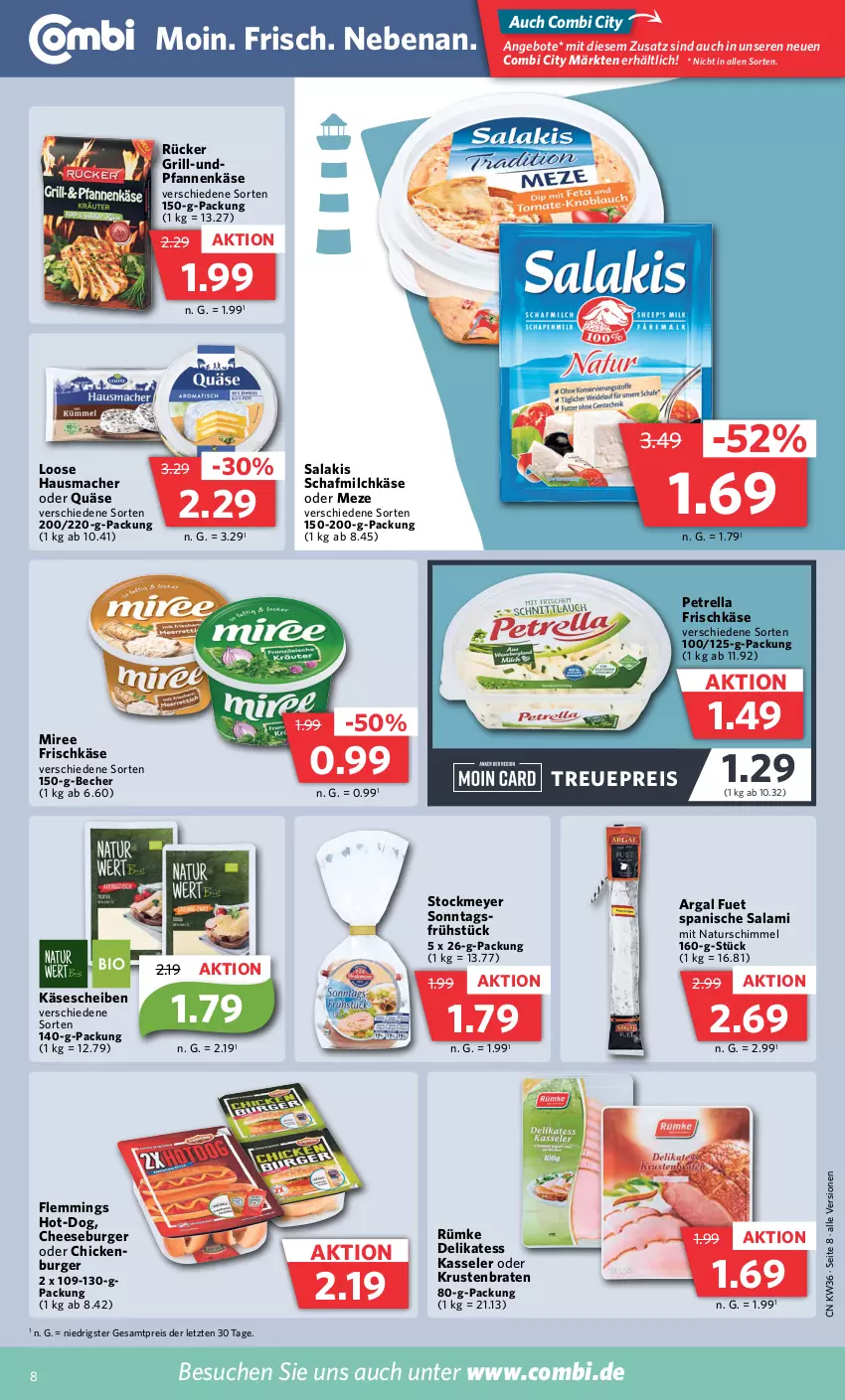 Aktueller Prospekt Combi - Prospekte - von 04.09 bis 09.09.2023 - strona 8 - produkty: angebot, angebote, Becher, braten, burger, eis, emmi, frischkäse, grill, Hausmacher, Käse, käsescheiben, kasseler, krustenbraten, Loose, mac, milch, miree, natur, petrella, pfanne, pfannen, pfannenkäse, quäse, reis, rel, salakis, salami, stockmeyer, Ti, ZTE