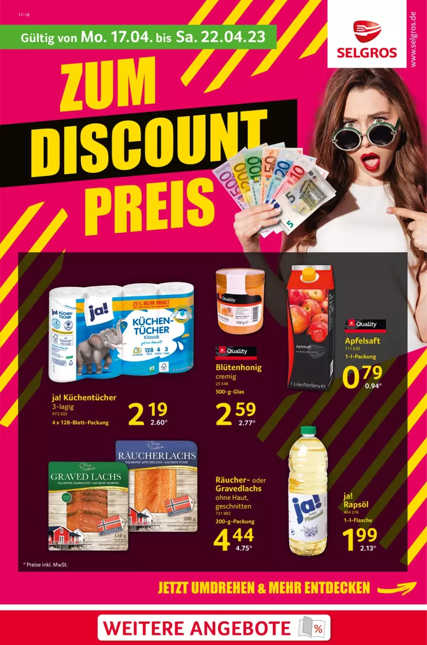 Aktueller Prospekt Selgros - Discount Preis - von 17.04 bis 22.04.2023 - strona 1 - produkty: angebot, angebote, apfel, apfelsaft, Graved Lachs, lachs, LG, saft, Ti