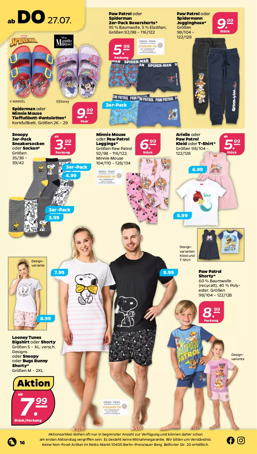 Aktueller Prospekt Netto - Woche 30 - von 24.07 bis 29.07.2023 - strona 16 - produkty: ariel, auer, Bau, baumwolle, bett, elle, gin, hose, Jogginghose, kleid, leggings, pantolette, pantoletten, Paw Patrol, Ria, shirt, shorts, shorty, sneaker, sneakersocken, socken, T-Shirt, Ti, wolle, ZTE