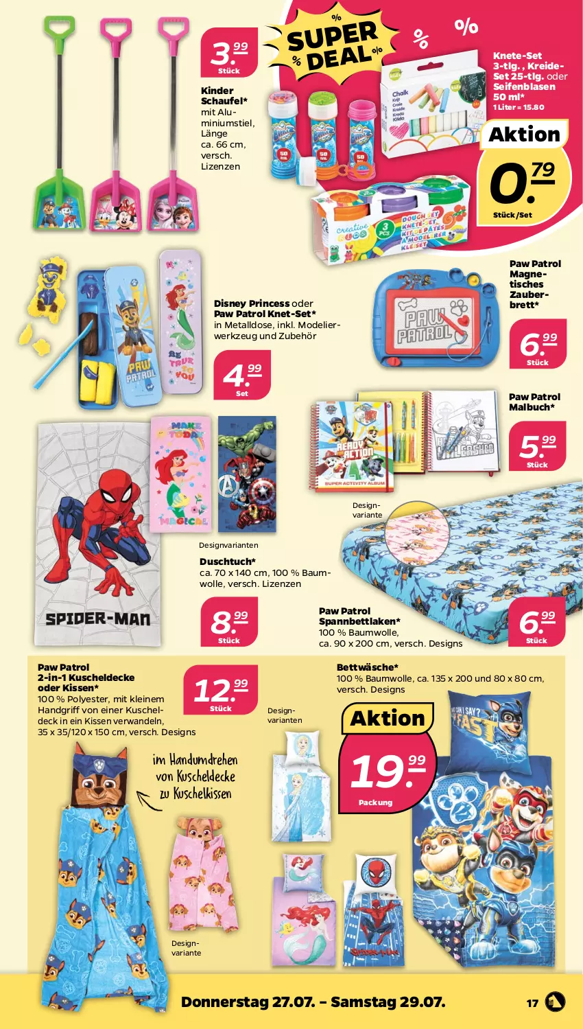 Aktueller Prospekt Netto - Woche 30 - von 24.07 bis 29.07.2023 - strona 17 - produkty: Bau, baumwolle, bett, bettwäsche, buch, decke, disney, duschtuch, Kinder, kissen, Kreide, kuscheldecke, leine, LG, Malbuch, Mode, Paw Patrol, Ria, rwe, Seife, spannbettlaken, Ti, tisch, tuc, werkzeug, wolle