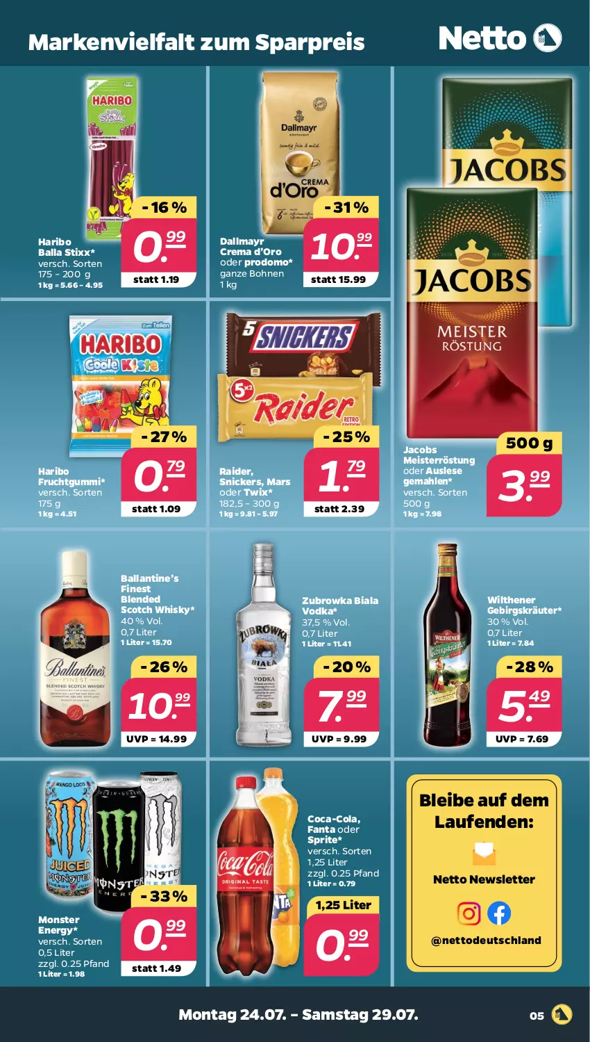 Aktueller Prospekt Netto - Woche 30 - von 24.07 bis 29.07.2023 - strona 5 - produkty: ball, blended scotch, blended scotch whisky, bohne, bohnen, coca-cola, cola, dallmayr, eis, fanta, fanta oder, fanta oder sprite, frucht, fruchtgummi, haribo, jacobs, Jacobs Meisterröstung, kräuter, Laufen, mars, Meister, meisterröstung, monster, Monster Energy, oder sprite, oder twix, prodomo, reis, scotch, scotch whisky, snickers, sprite, Ti, twix, vodka, whisky, wilthener