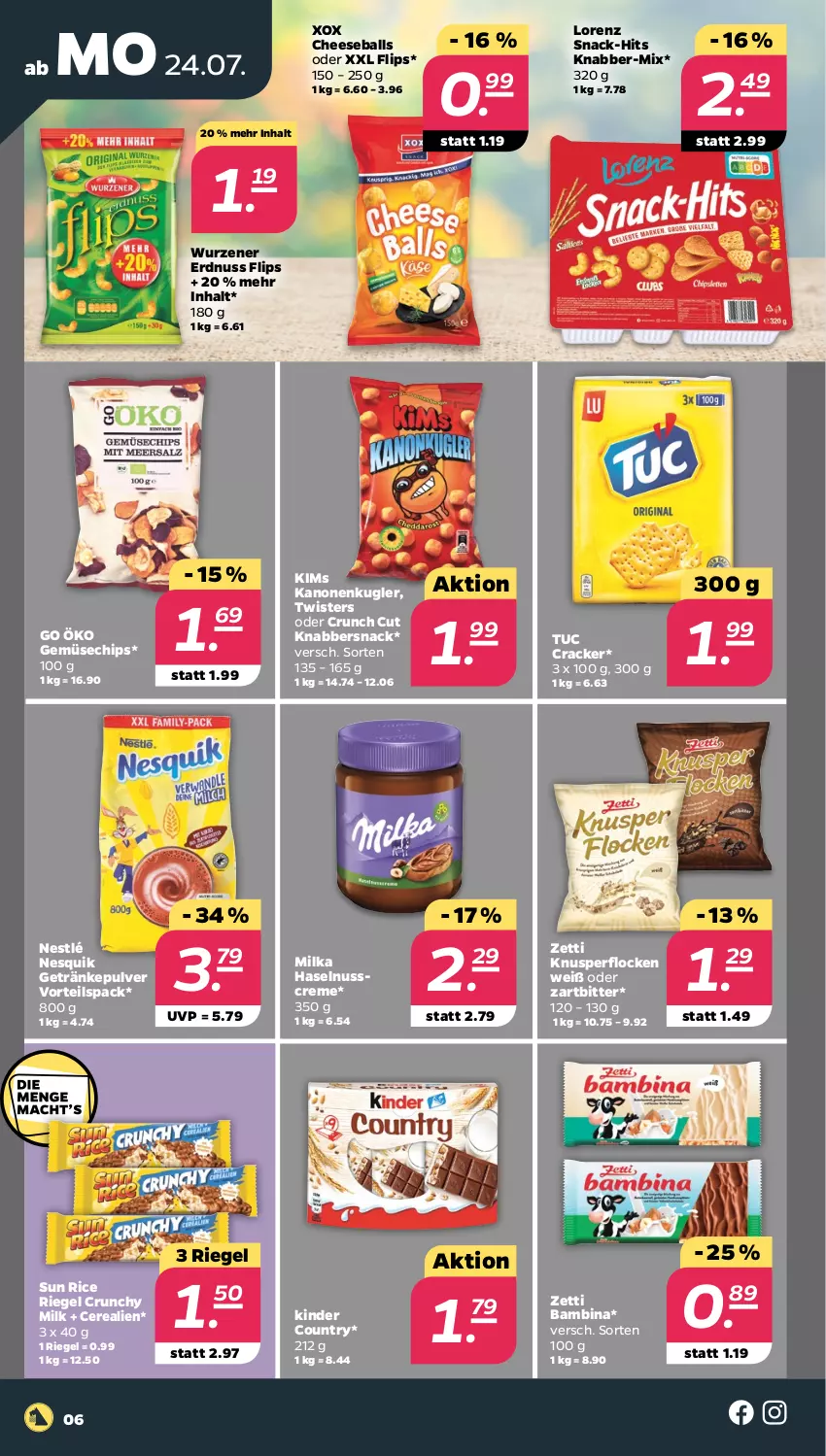 Aktueller Prospekt Netto - Woche 30 - von 24.07 bis 29.07.2023 - strona 6 - produkty: ball, cerealien, chips, cracker, creme, erdnuss, getränk, getränke, getränkepulver, haselnuss, Haselnusscreme, Kinder, kinder country, KnabberSnack, Knusperflocken, lorenz, milka, nesquik, nestlé, nuss, riegel, snack, Ti, tuc